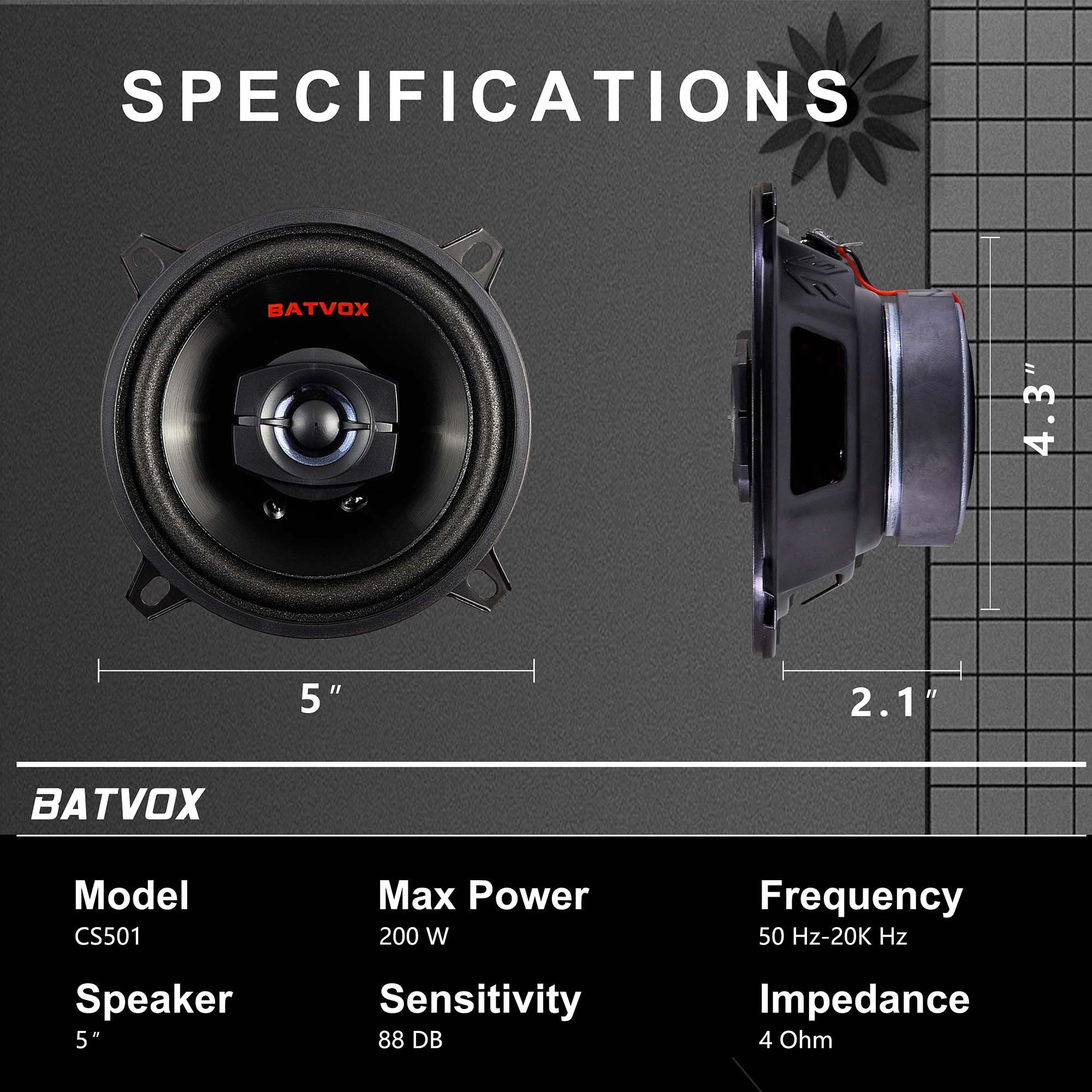 Batvox Cs501 200 Watts 5.25 Inch 2 Ways 4 Ohm Impedance And Piezo Tweeter For Premium Car Audio Coaxial Car Speakers, Car Stereo