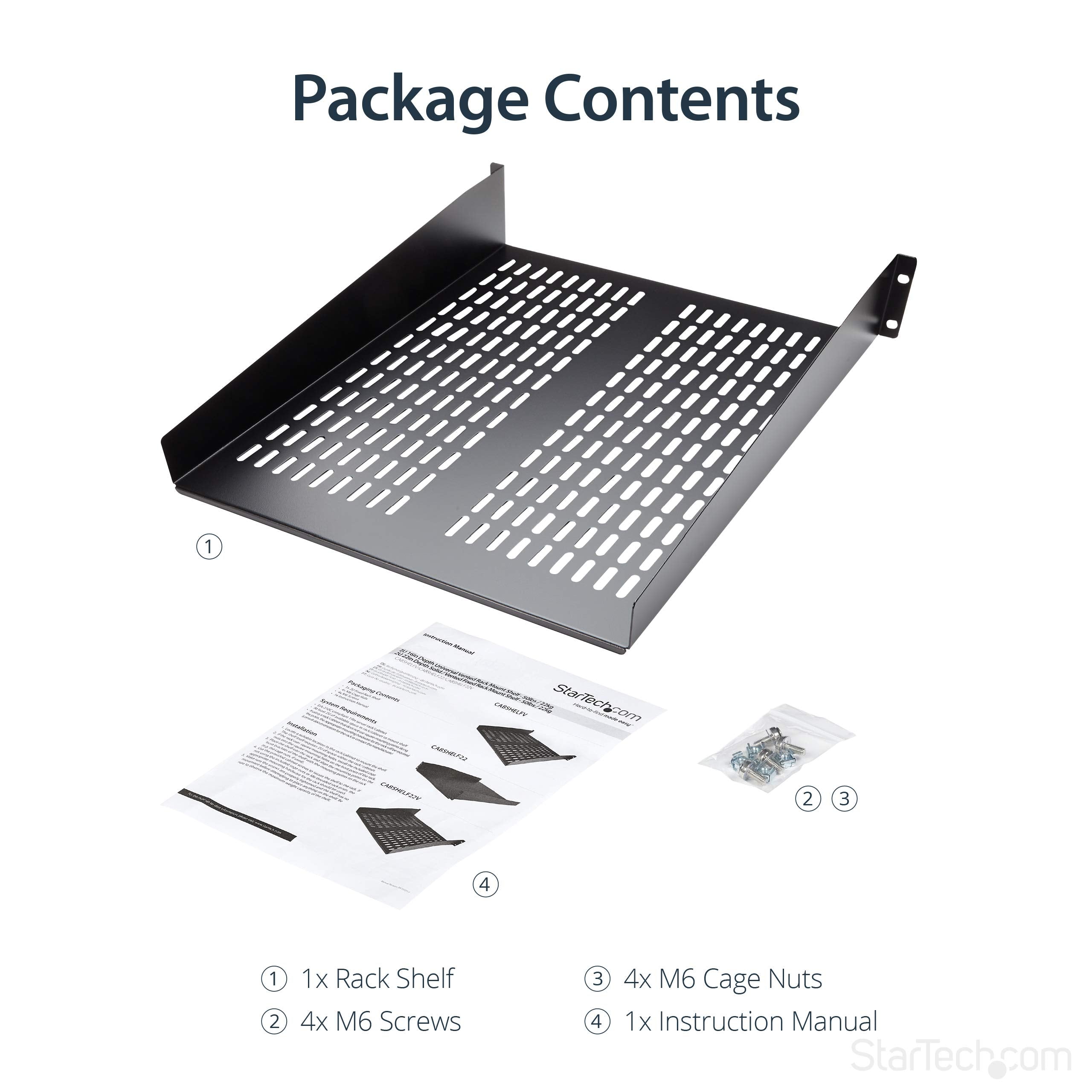 2U 22In Vented Rack Mount Shelf   Fixed Server Rack Cabinet Shelf   50Lbs / 22Kg