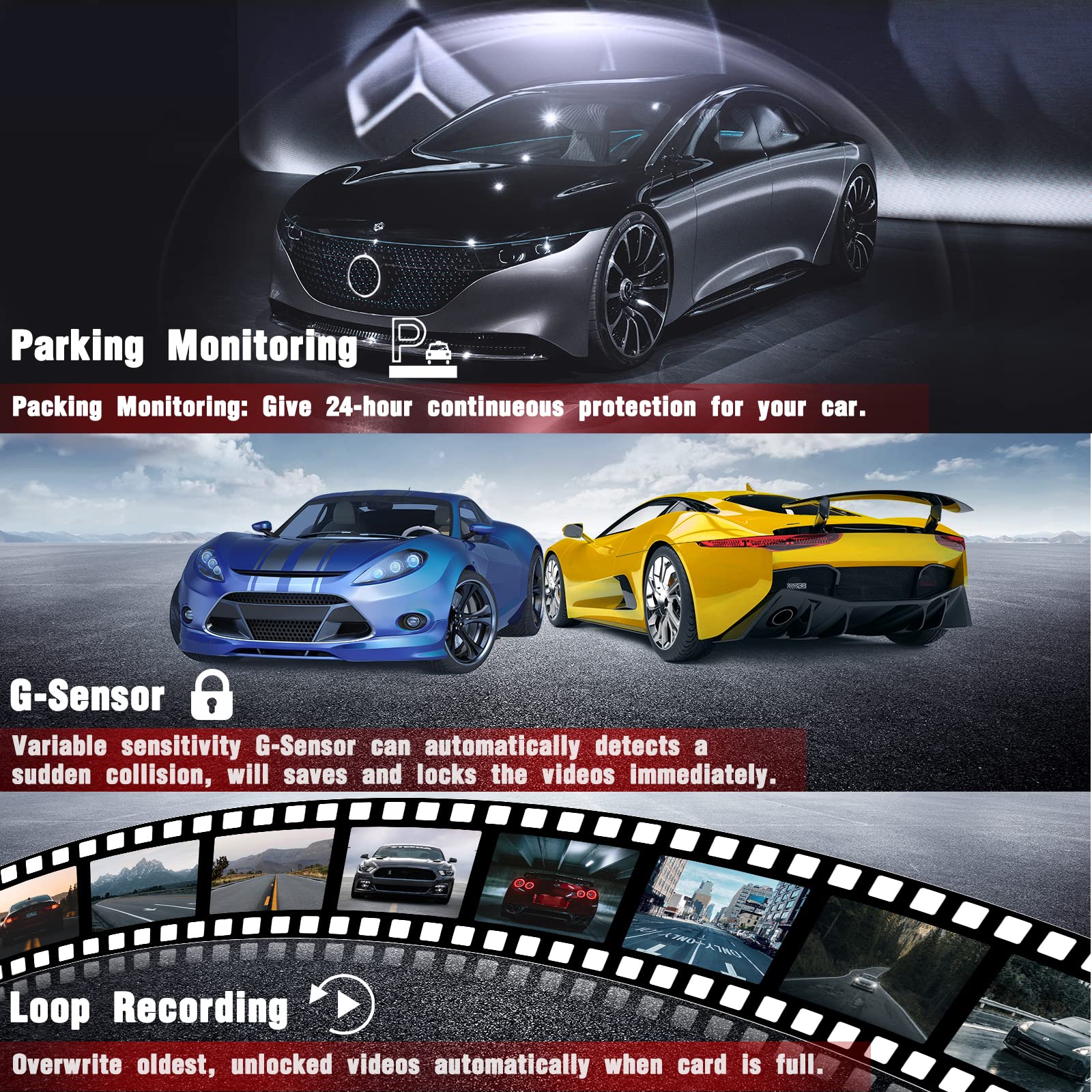 Kussla 3 Channel Dash Cam Front And Rear Inside, 1080P Dash Camera For Cars With 64Gb Card, Super Night Vision Dashcam, Car Came