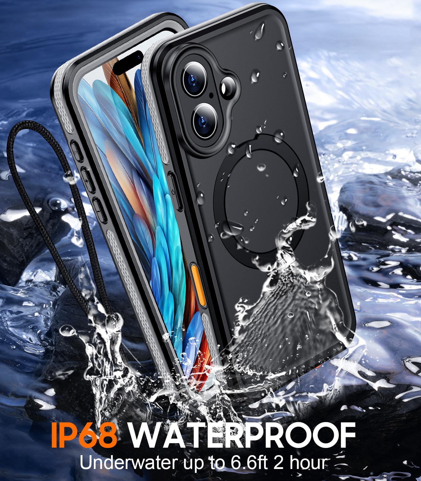 Temdan Magnetic For Iphone 16 Plus Case Waterproof, [Built In Ring Invisible Stand & Screen Protector][Ip68 Underwater][Dropproo