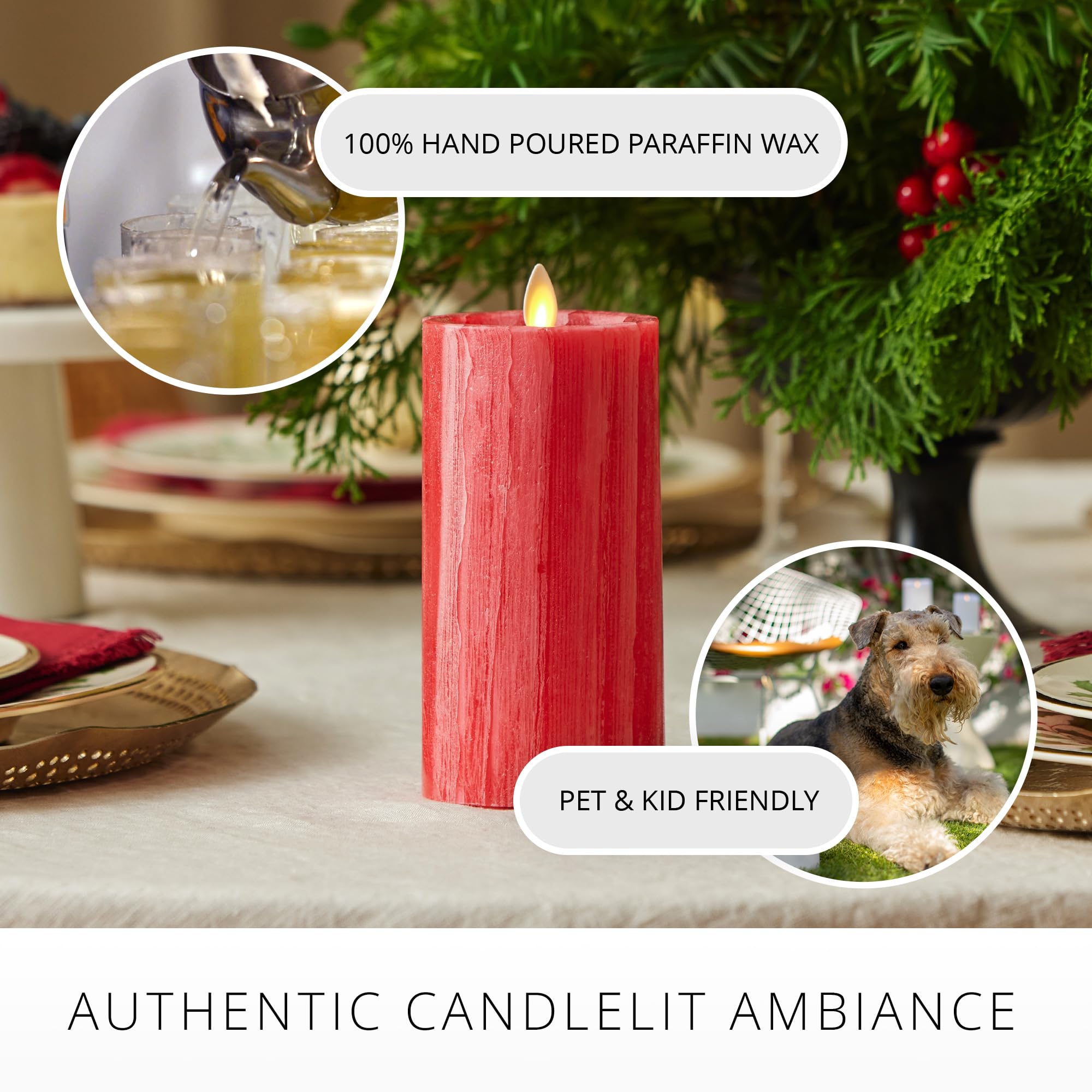 Luminara Selenite Looking Flameless Candle, Holiday Red 3'' X 6.5'', Battery Operated Real Wax Moving Flame Led Pillar W/Timer,