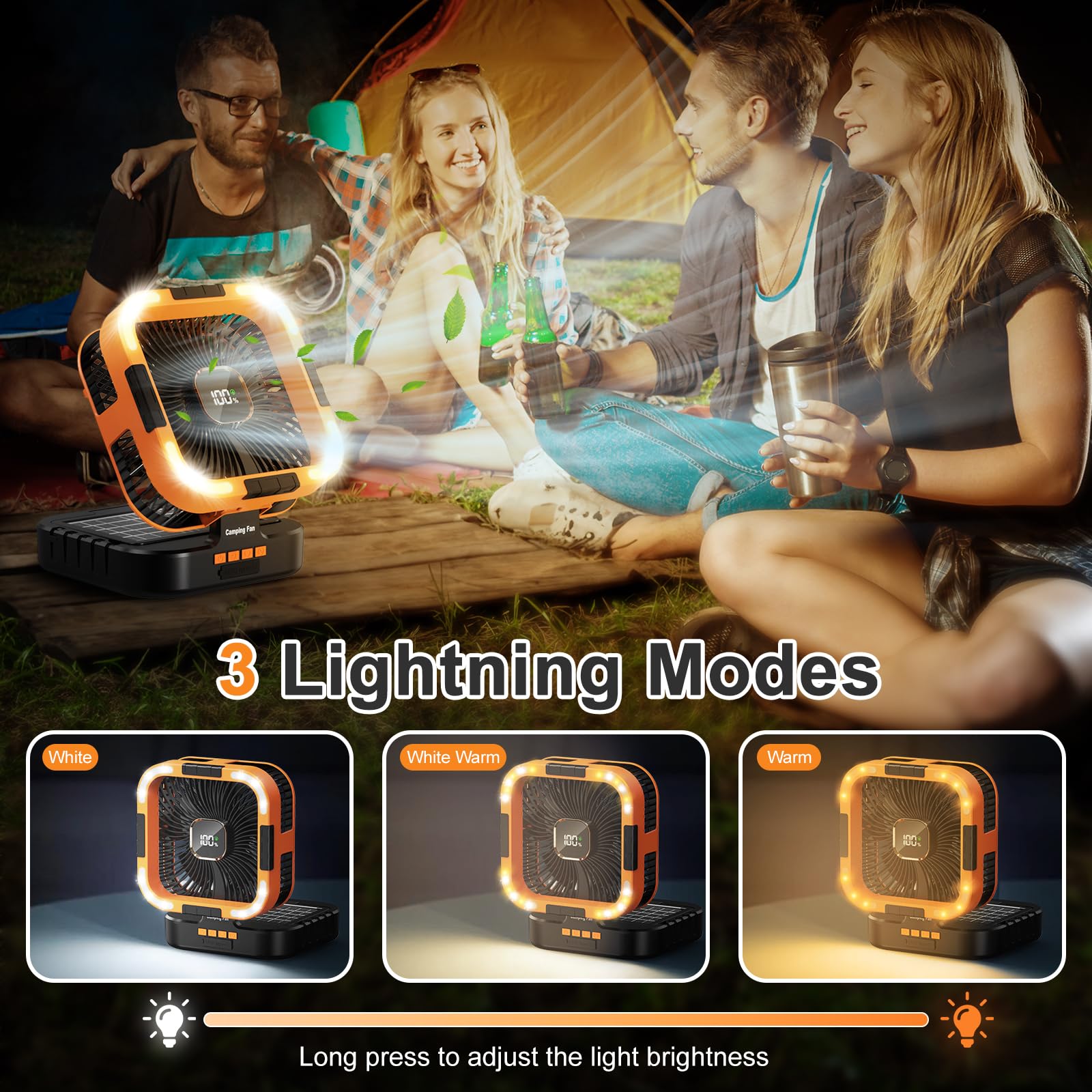 Portable Camping Fan With Solar Panel, 10000Mah Solar Powered Fan, 6 Speed Levels, 120 Oscillation, 3 Light Modes, 6H Timer, Han