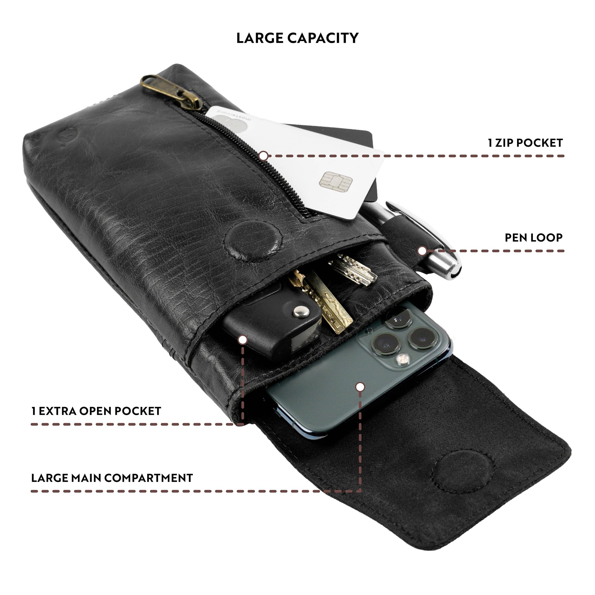 Moonster Leather Phone Holster - Genuine Full-Grain Buffalo Leather Pouch for Large Smartphones, 7”H x 3.5"W, Black, Model PHBLK23