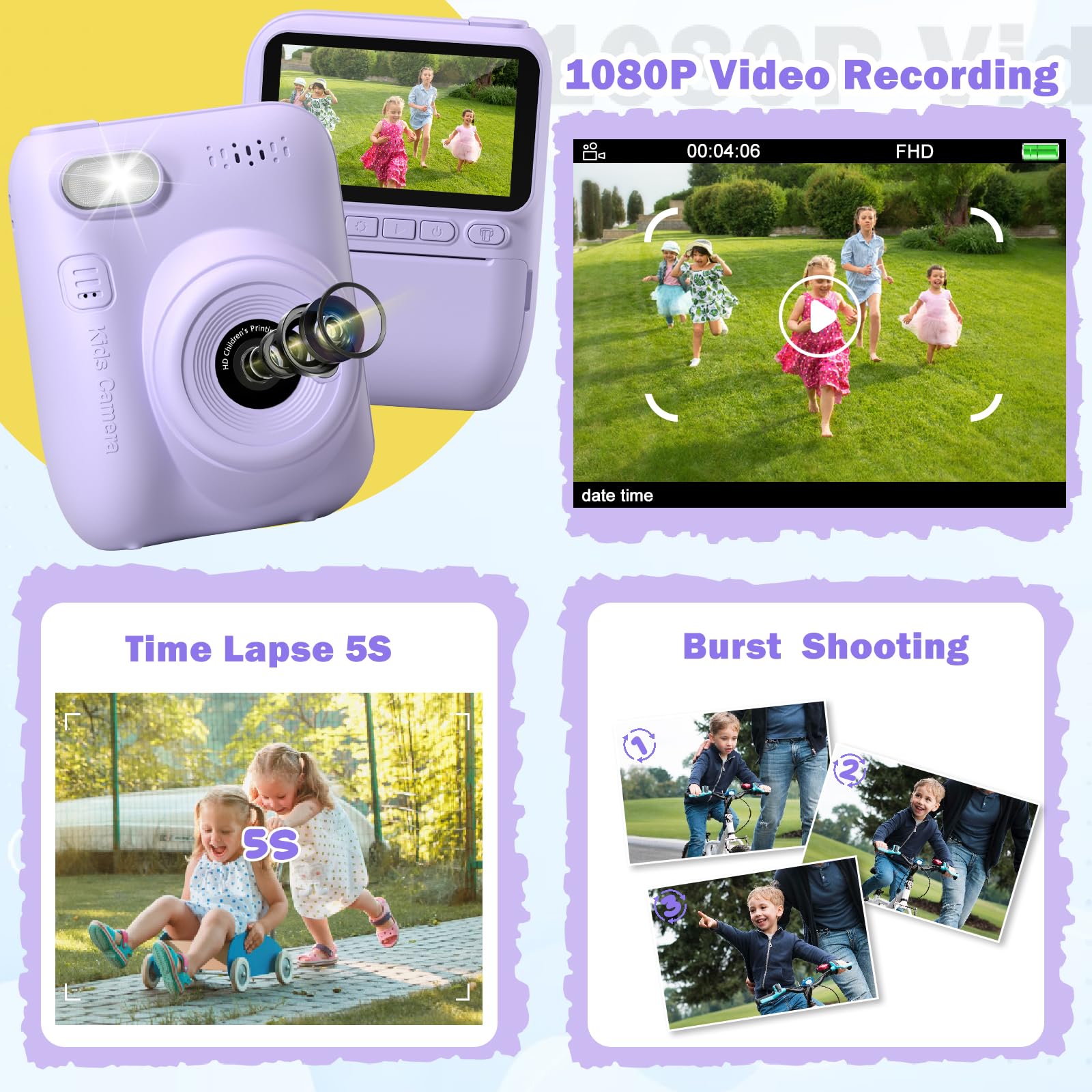 Kid Camera Instant Print, Birthday Gifts For Girls And Boys, Kids Digital Camera Toys, 1080P Hd Video, 3 4 5 6 7 8 9 10 11 12 Ye
