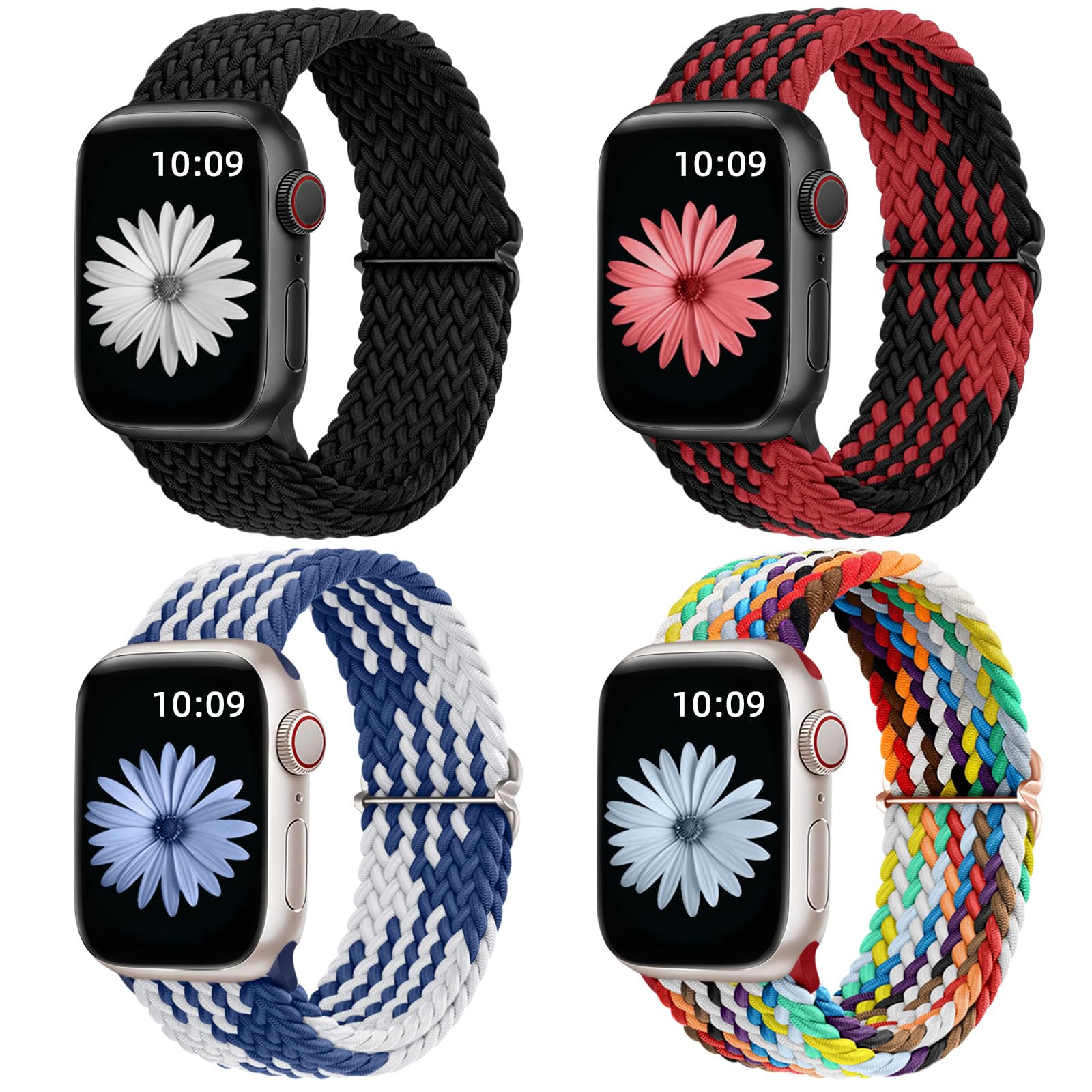 4 Pack Braided Solo Loop Band Compatible With Apple Watch Band 38Mm 40Mm 41Mm 42Mm 44Mm 45Mm 49Mm Women Men, Stretchy Nylon Elas