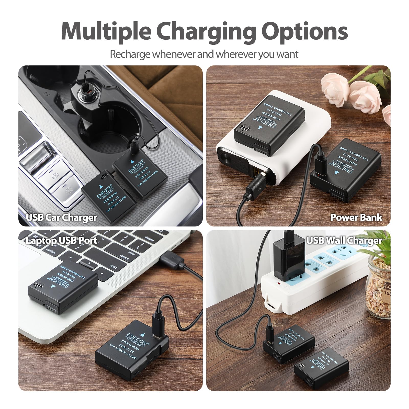 Enegon En El14 Usb C Direct Charging Replacement Batteries 1600Mah (2 Pack) With 2 In 1 Usb C Charging Cable For Nikon D5600, D5