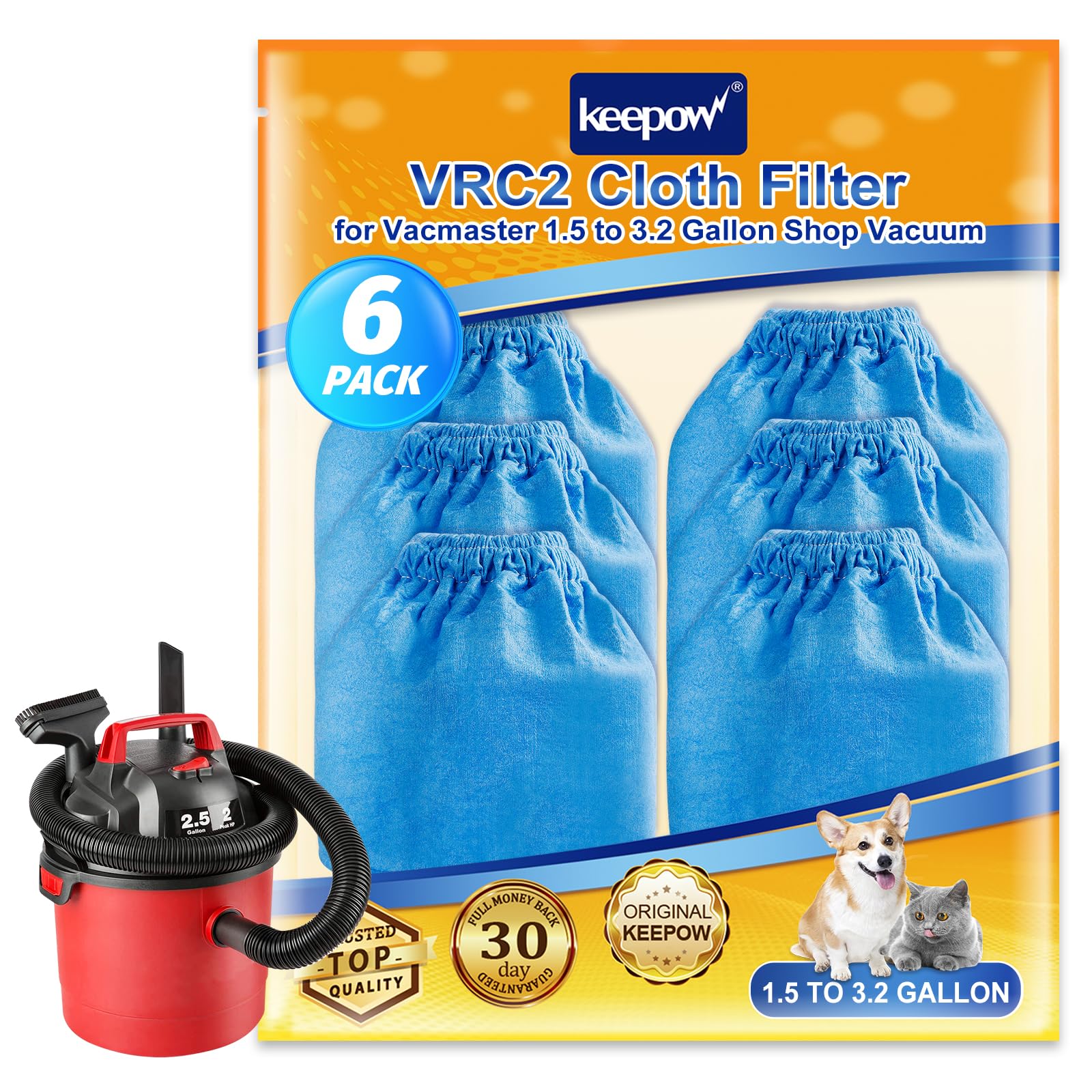 Keepow Vrc2 Cloth Filter Compatible With Vacmaster 1.5 To 3.2 Gallon Wet/Dry Vacuums, Also Compatible With Shop Vac Aa155 Aa256