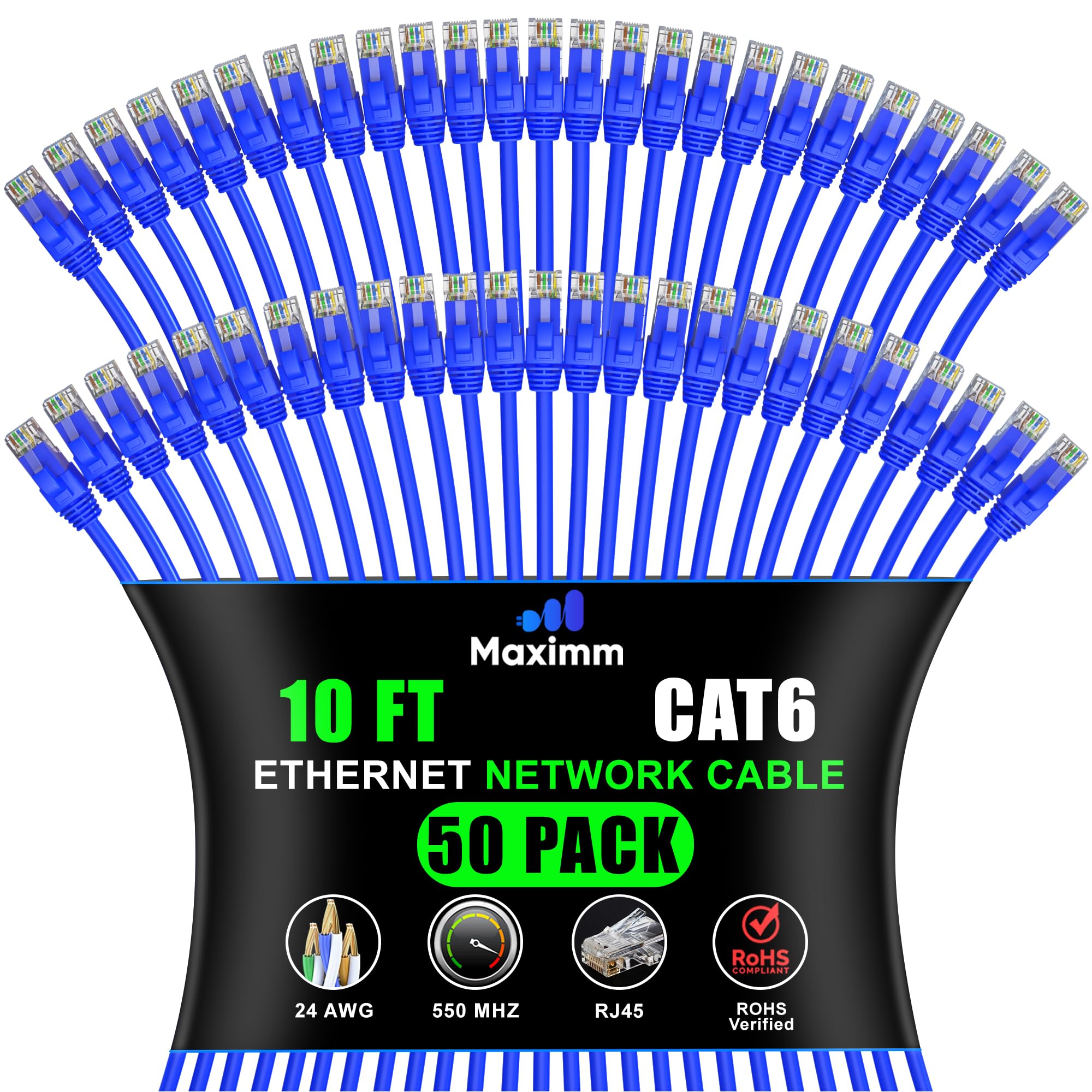 Maximm Cat 6 Ethernet Cable - 10 ft (50-Pack) - High-Speed LAN, Internet, Patch, and Network Cable - UTP, 10Gbps, 550MHz Etherne