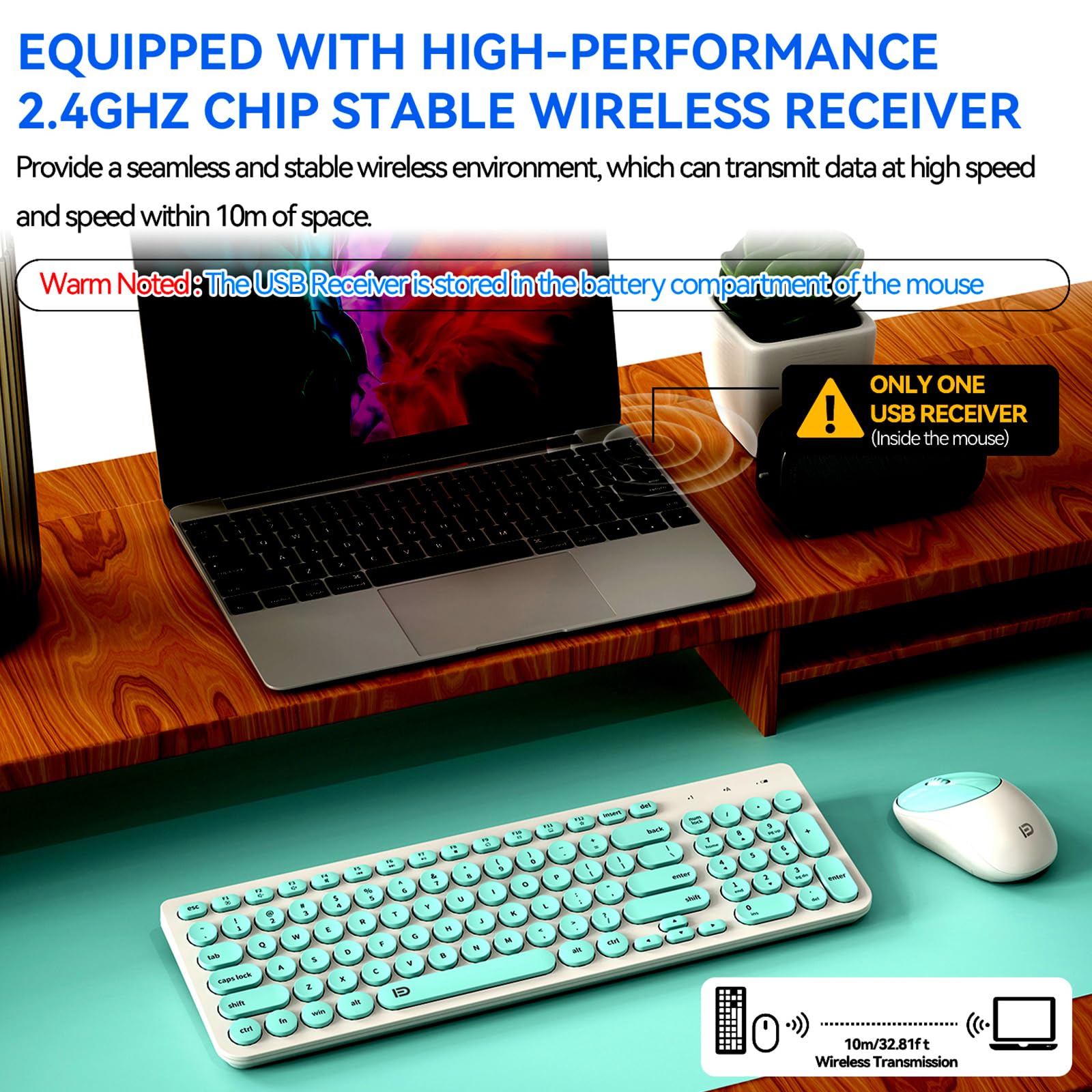 Fd Wireless Keyboard And Mouse Combo   2.4Ghz Usb Cordless, Cute Round Keys, Quiet And Slim Set For Laptop, Computer, Tv, And Ma