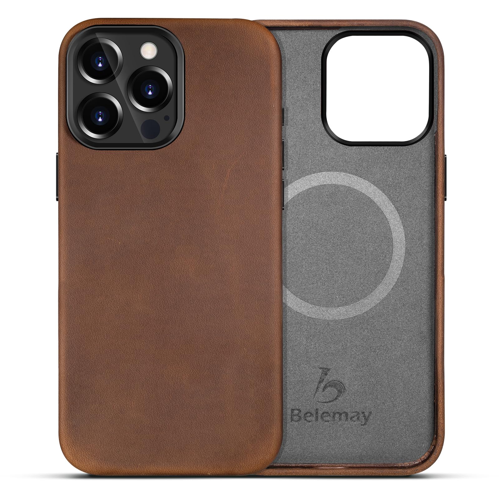 Belemay Compatible With Iphone 15 Pro Leather Case Magsafe - Top Grain Vintage Crazy Horse Leather - Metal Buttons & Camera Beze