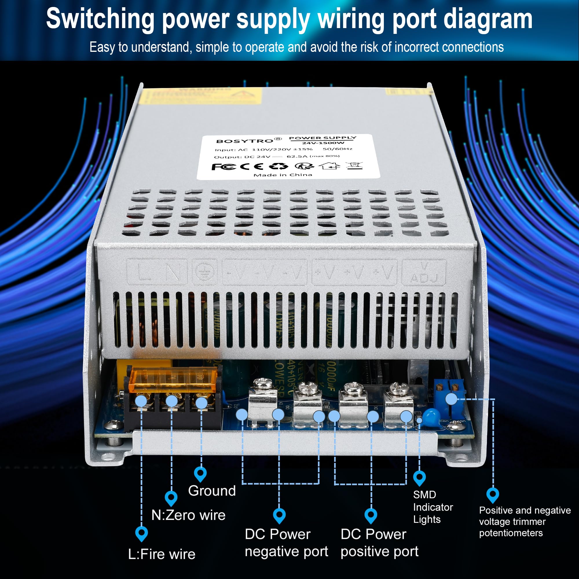 Bosytro 24V 62.5A 1500W Dc Switching Power Supply Adapter Psu Ac 110V / 220V Dc 24V Transformer Adapter, For 3D Printer,Dc Motor