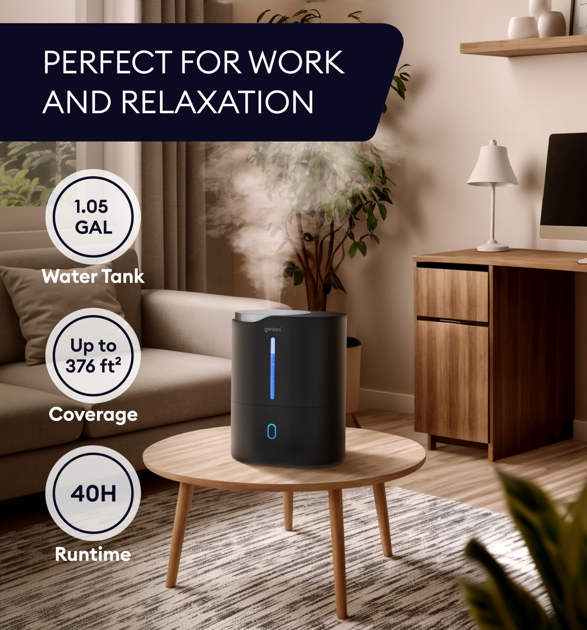 Geniani Ultrasonic Cool Mist Humidifier For Bedroom, Large Rooms, Home, 4L   Easy Fill & Clean Humidifier For Plants W/Auto Shut