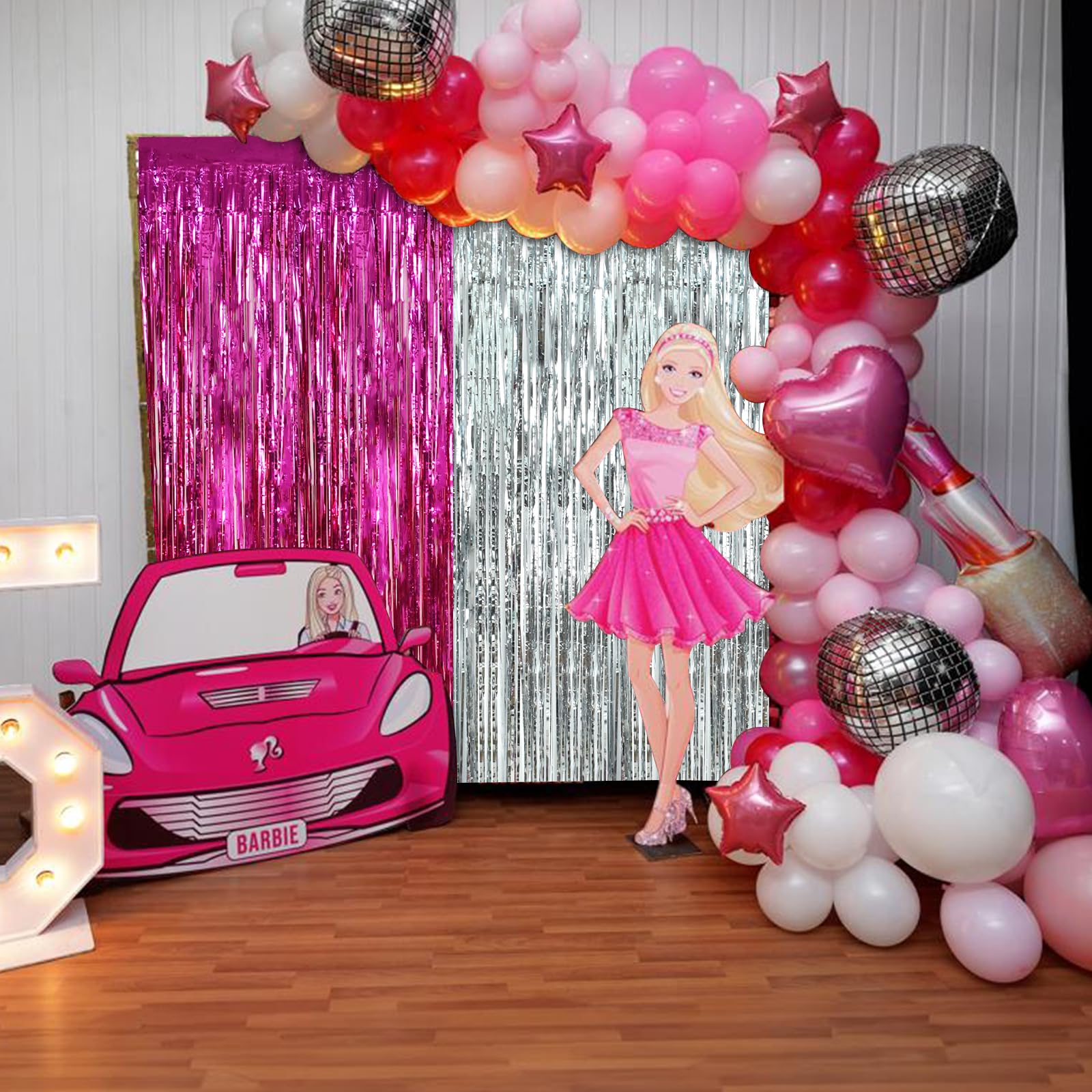 Beishida 4 Pcs Hot Pink Silver Door Streamers Curtain Party Streamers Backdrop Pink Party Hot Pink Wall Background For Party Dec