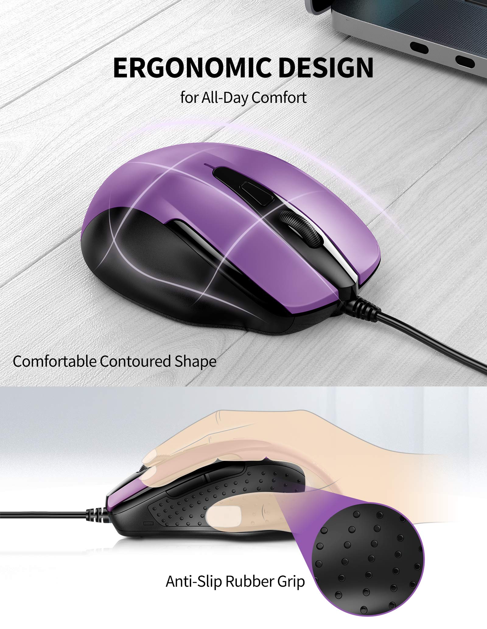 Tecknet Usb Wired Mouse, 6 Button Corded Mouse With 4 Adjustable Dpi, Optical Computer Mouse With Ergonomic Design And 5Ft Cord For Laptop, Chromebook, Pc, Desktop, Mac, Notebook Purple