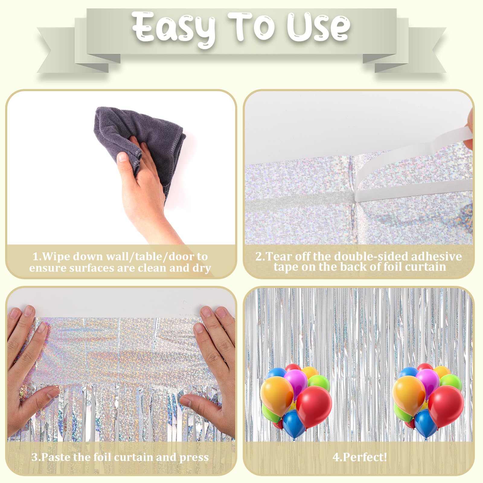 Voircoloria 2 Pack Laser Silver Tinsel Foil Fringe Curtains, Silver Party Decorations, Metallic Tinsel Party Streamers Backdrop