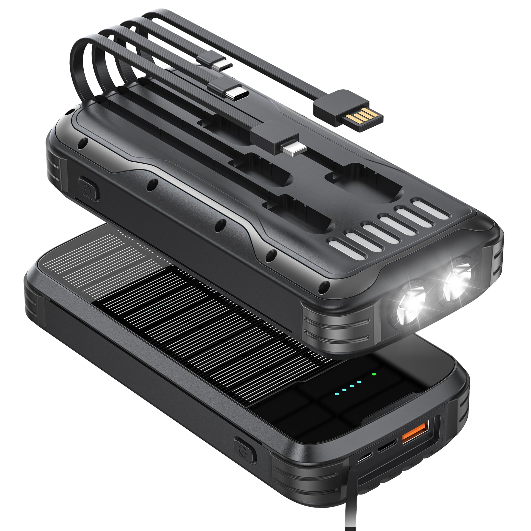 MINRISE Solar Charger Power Bank, 40000mAh Portable Charger PD 20W Fast Charging Solar Power Bank Built in 4 Cables and USB-C in