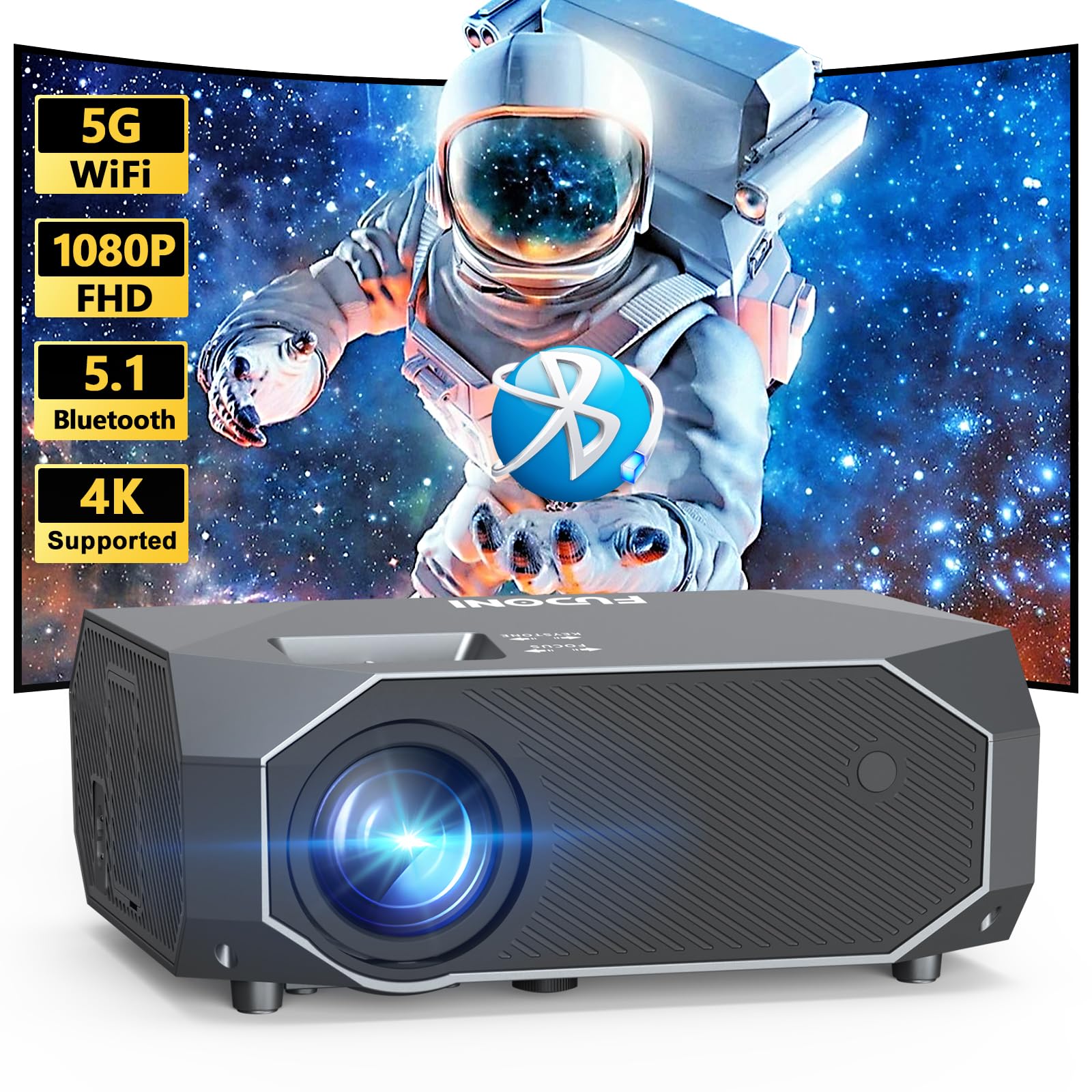 Fudoni Projector With 5G Wifi And Bluetooth, 15000L Outdoor Movie Projector Native 1080P 4K Supported, Portable Projector, Home