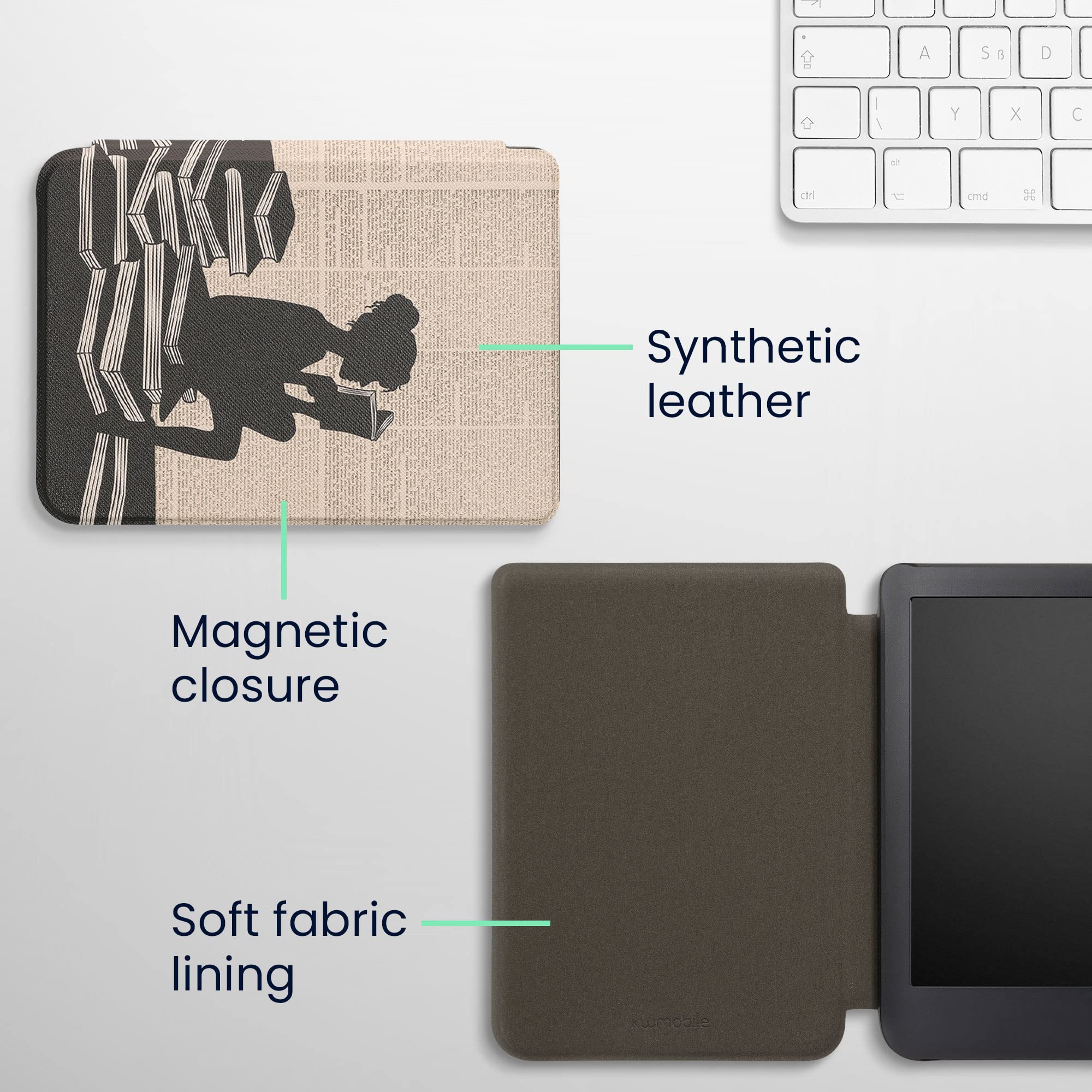 Kwmobile Case Compatible With Kobo Clara 2E / Tolino Shine 4 Case   Ereader Cover   Girl And Books Black/Beige