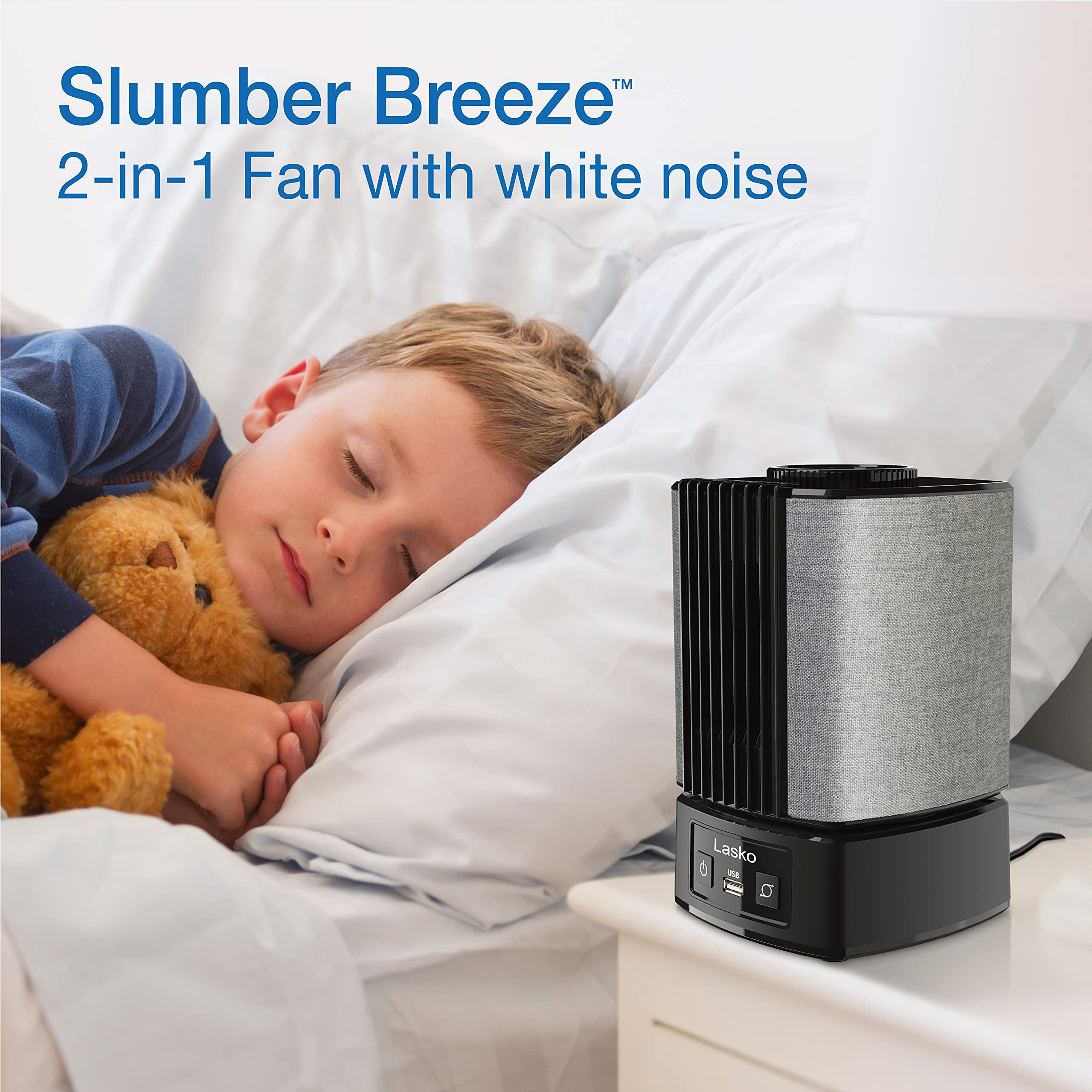 Lasko Slumberbreeze 2 In 1 Small Table Fan And White Noise Machine For Better Sleep In The Bedroom And Focus In The Home Office,