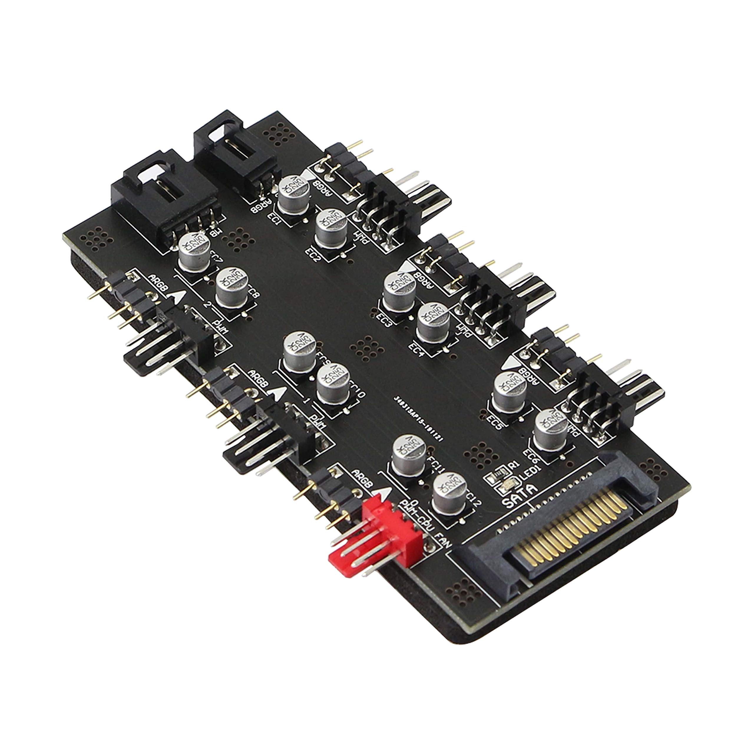 12V 4Pin Pwm & 5V 3Pin Argb With Sata 15Pin Power 2 In 1 Hub 6 Way Sync Cpu Cooling Fan Addressable Rgb Lighting Pcb Splitter For Extended Motherboard Interface  Black Compatible With Desktop