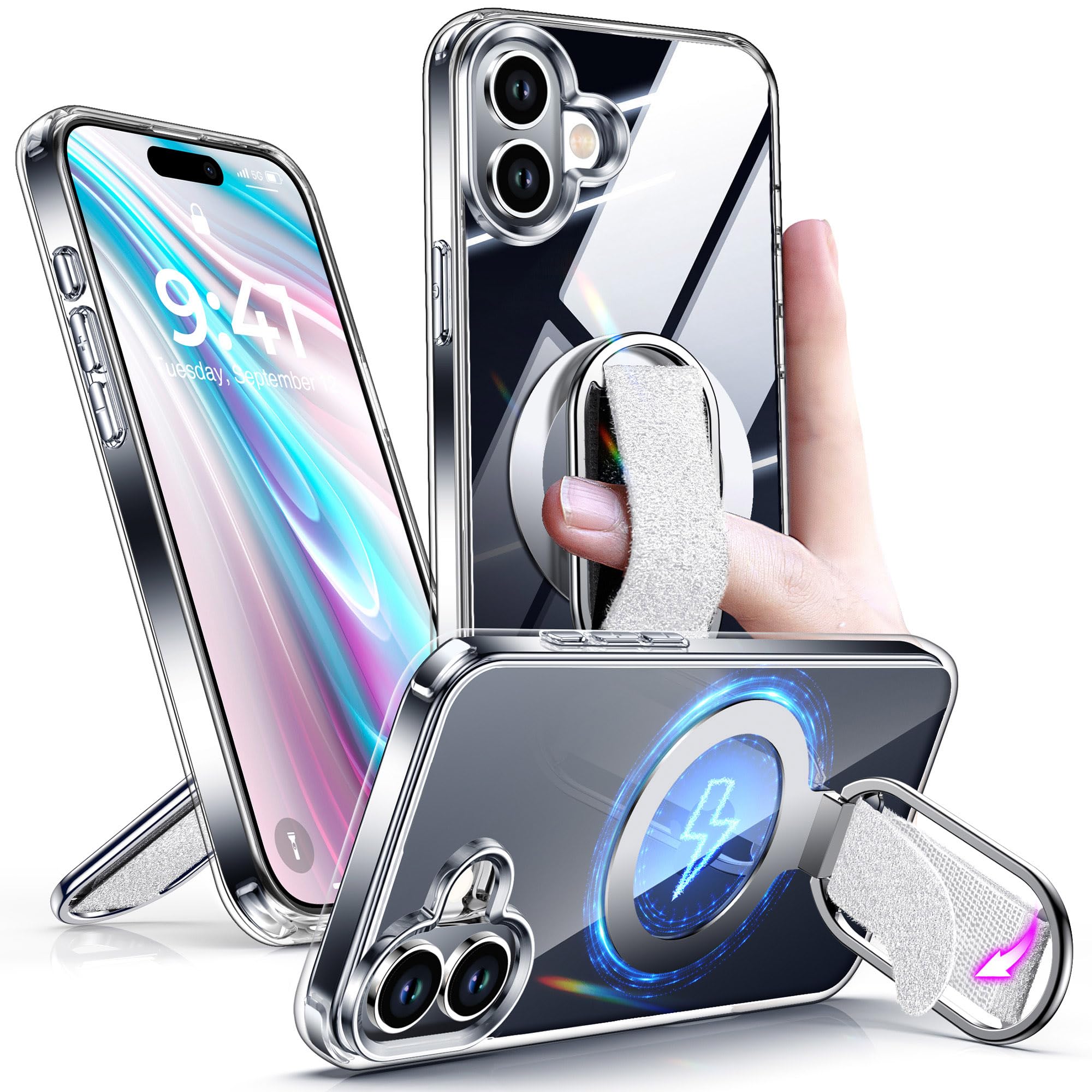 Shields Up for iPhone 16 Case with Stand, 16 Phone Case Clear with Ring Holder & Phone Grip [Compatible with MagSafe] Shockproof
