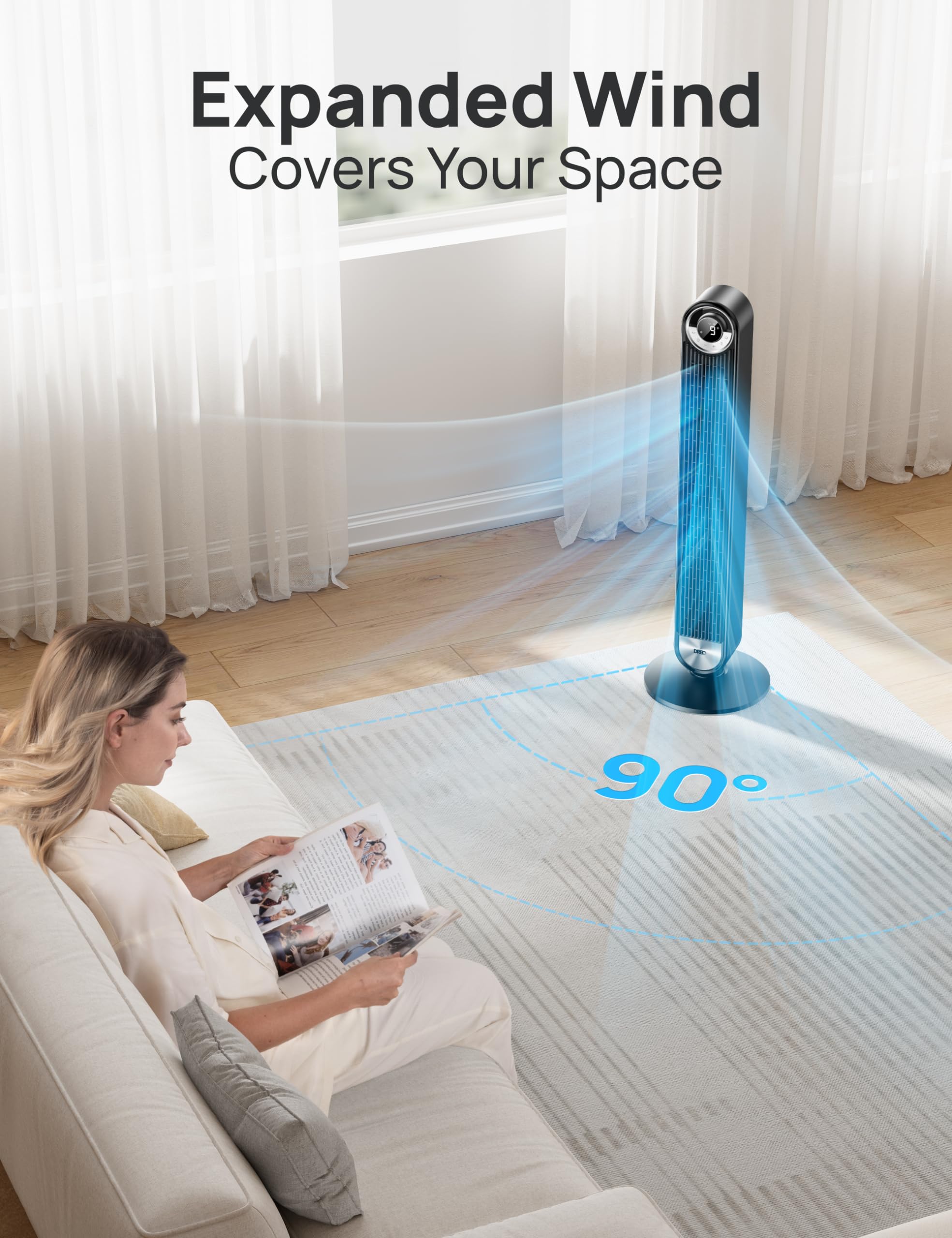 Dreo Tower Fan For Bedroom, Upgrated Dc 9 Speeds Utral Quiet Floor Fan, 90� Oscillating Fans For Indoors With 26Ft/S Velocity, 12H Timer, Standing Fans, Bladeless Fan Powerful For Home Office Room