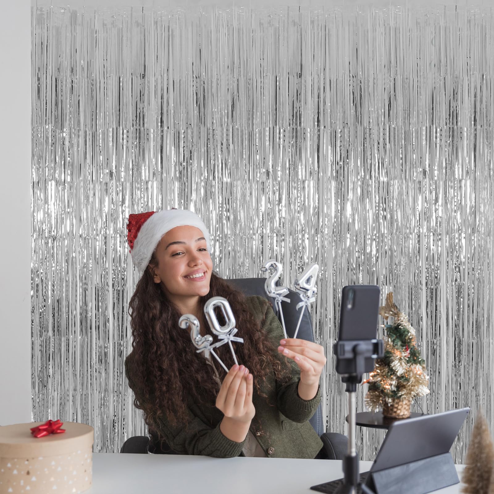 Silver Backdrop Curtains For Parties, Melsan 3.2 X 8 Ft Foil Fringe Curtains Backdrop For Birthday,Engagement,New Year Eve, Disc