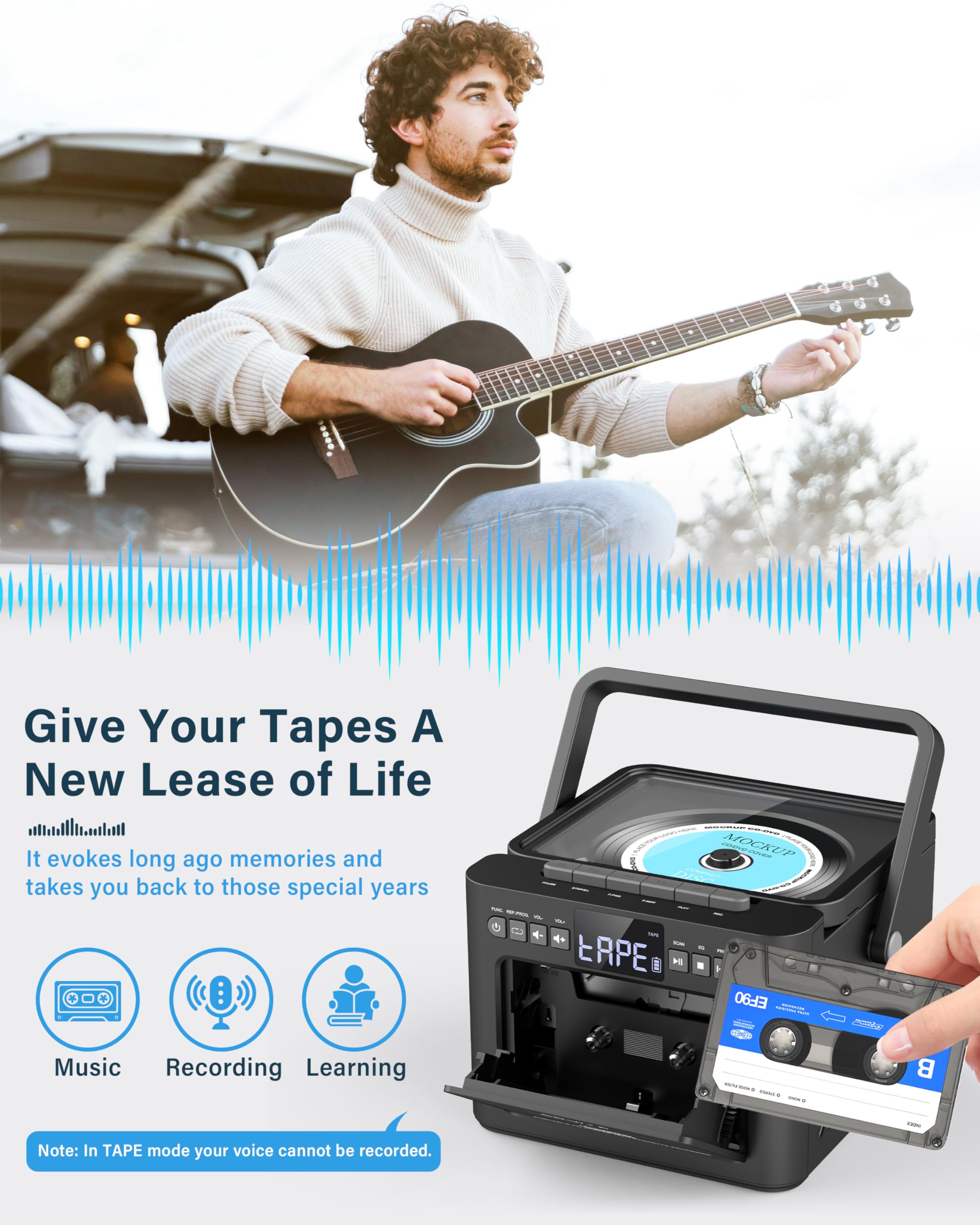 Greadio Boombox Cd And Cassette Player Combo, 5000Mah Rechargable Cd Player Boombox With Bluetooth Receive/Transmit/Fm Radio/Usb