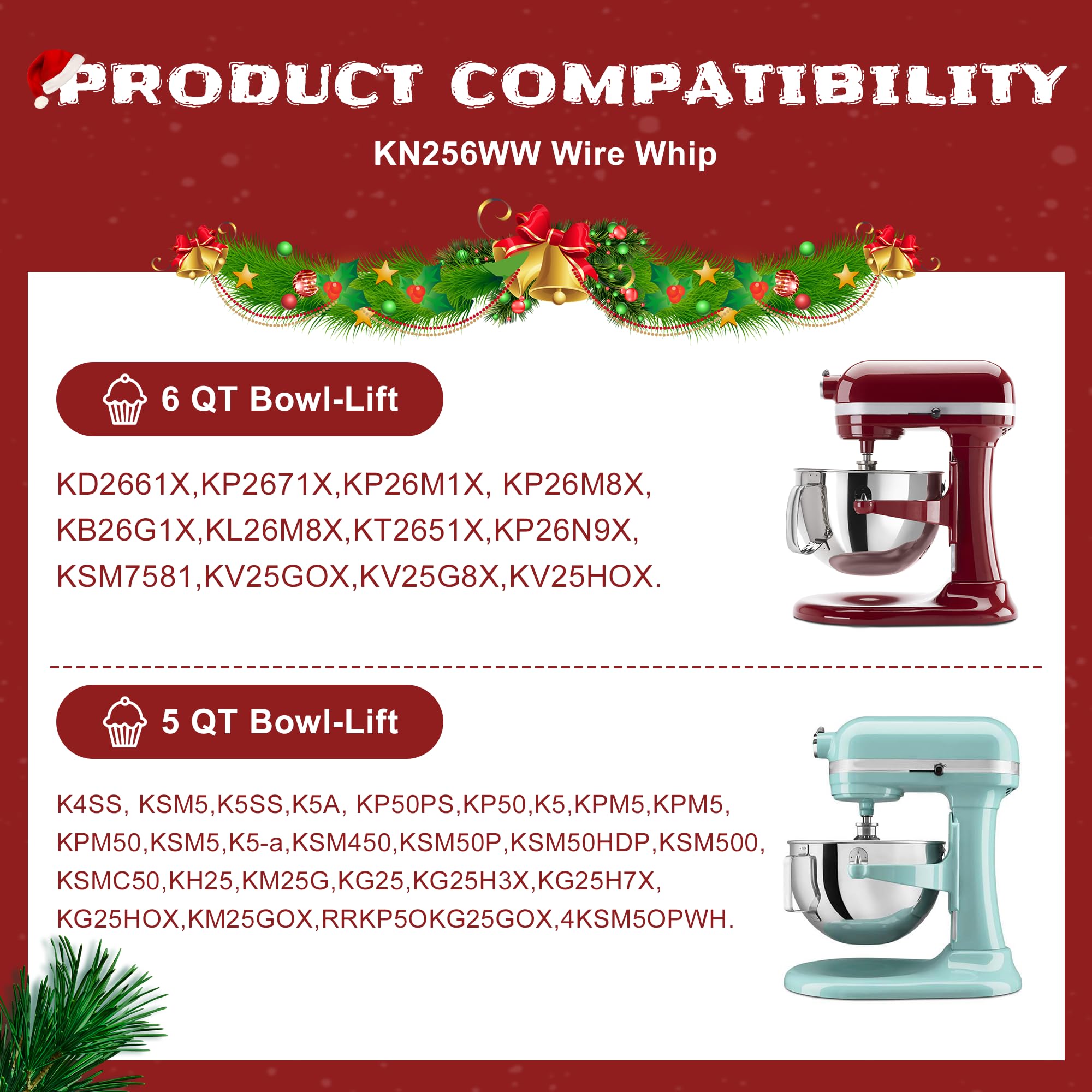 Kn256Ww 6 Wire Whip Kitchen Mixers Attachment Fits For 6 Quart Bowl Lift Stand Mixer Accessory Replacement,Stainless Steel Whisk