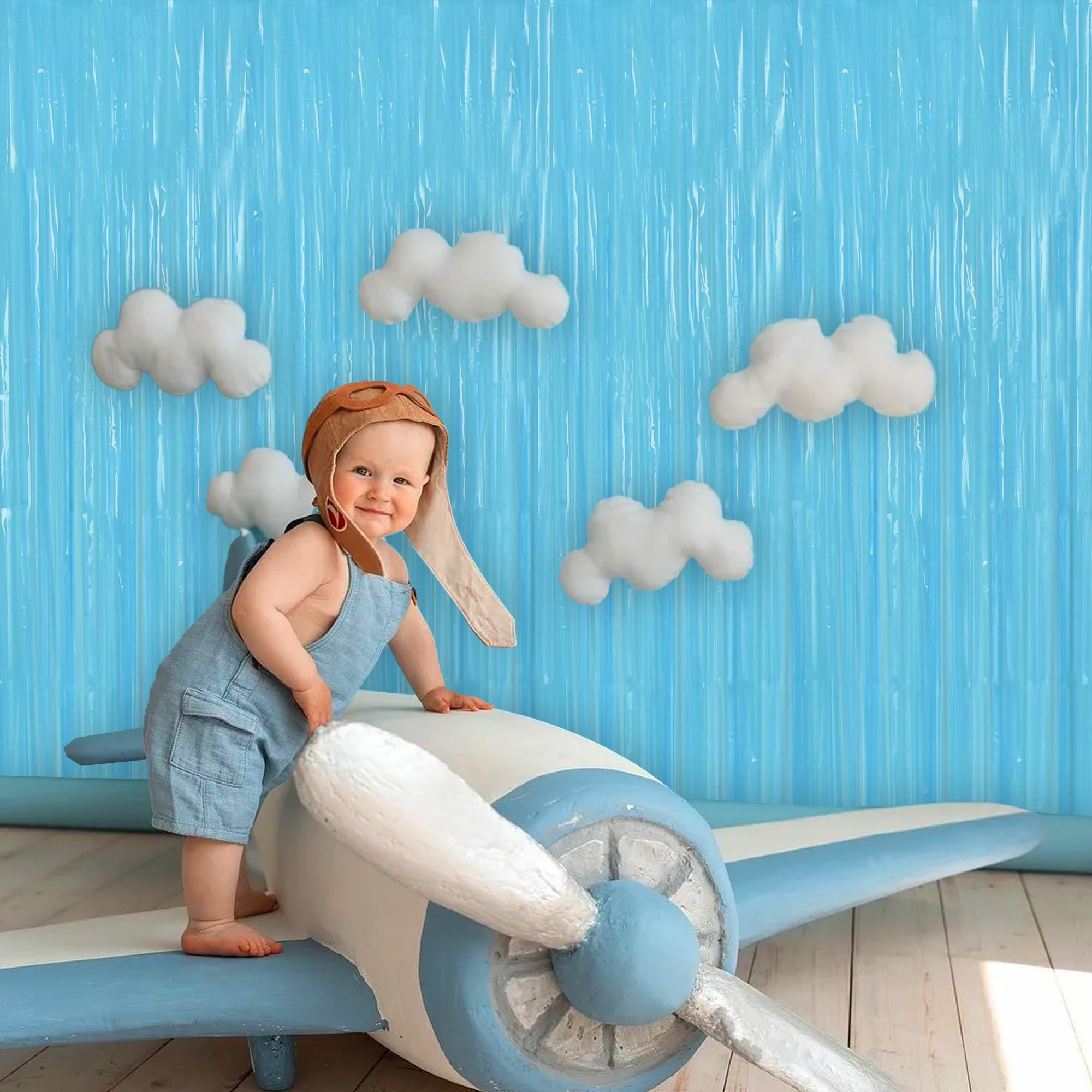 Beishida 2Pcs Light Blue Door Streamer Fluorescent Blue Backdrop Blue Foil Fringe Curtains Tinsel For Birthday Baby Shower Backd