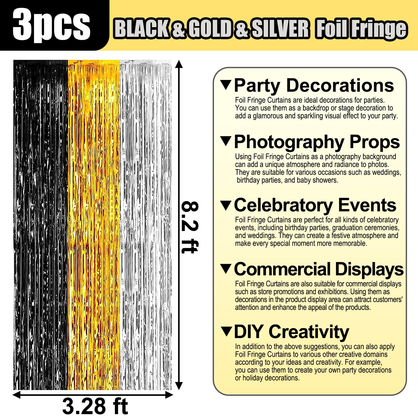 3 Pack Black Gold Silver Foil Fringe Curtain Backdrop, 3.28Ft X 8.2Ft Metallic Tinsel Foil Fringe Streamer Curtains For Photo Bo