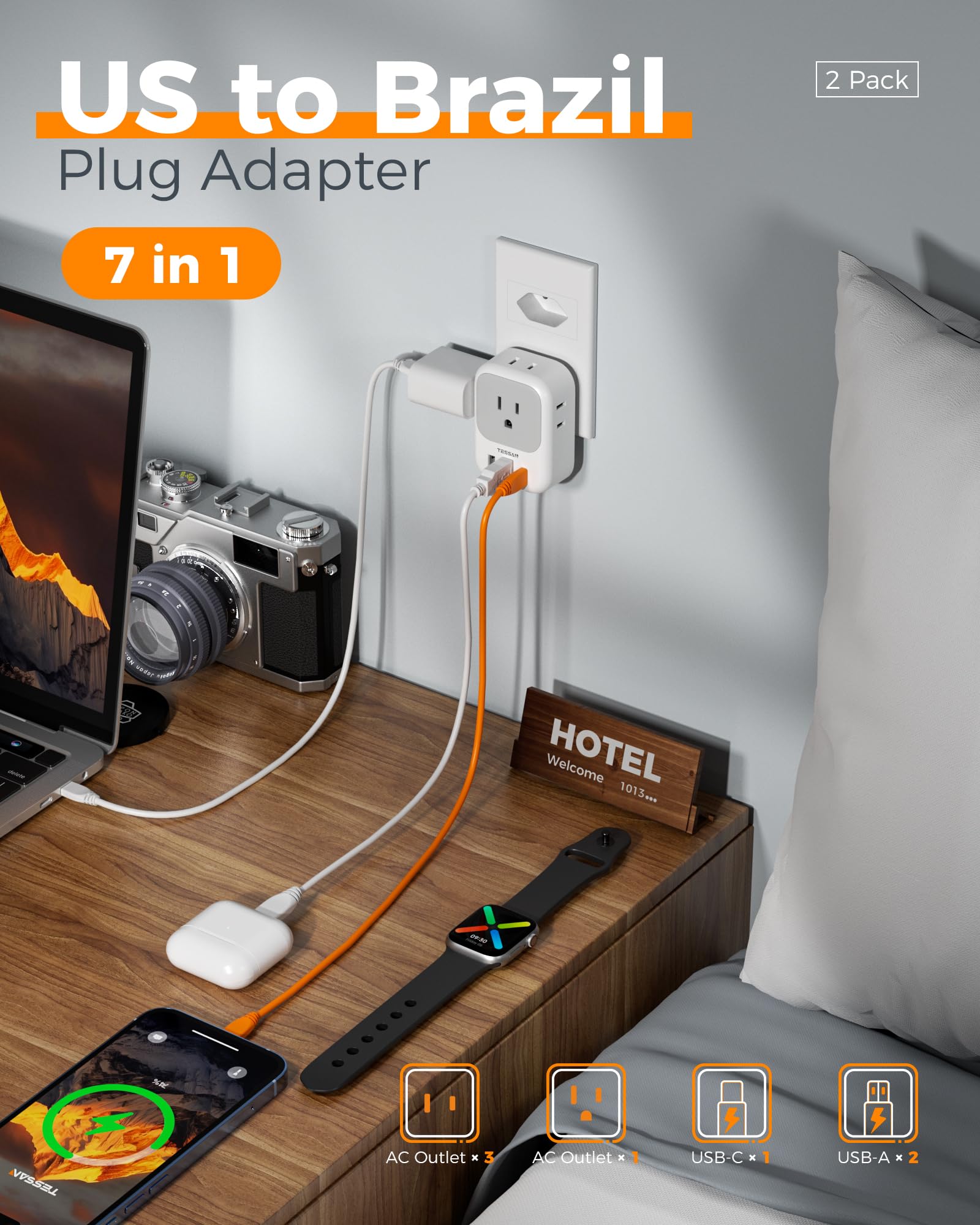 Tessan Brazil Plug Adapter 2 Packs, 7 In 1 Us To Brazil Power Adapter With 3 Usb Ports (1 Usb C Port) 4 American Outlets, Type N