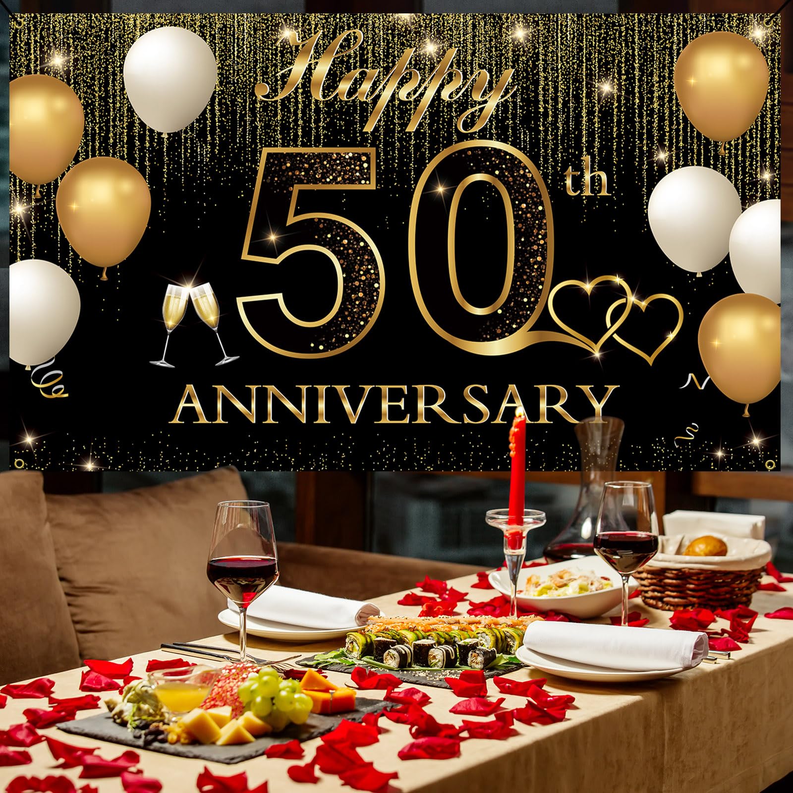 Htdzzi Golden 50Th Wedding Anniversary Decorations, Happy 50Th Anniversary Banner Backdrop, 50 Year Wedding Anniversary Party De