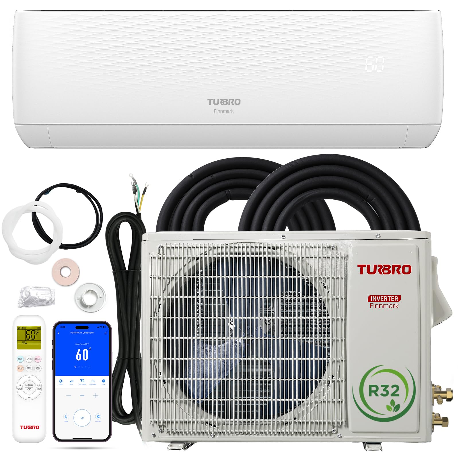 TURBRO 9,000 BTU Ductless Mini Split AC with Heat Pump, Inverter Compressor, 17 SEER2, 230V, R32 Refrigerant, Pre-charged Evapor