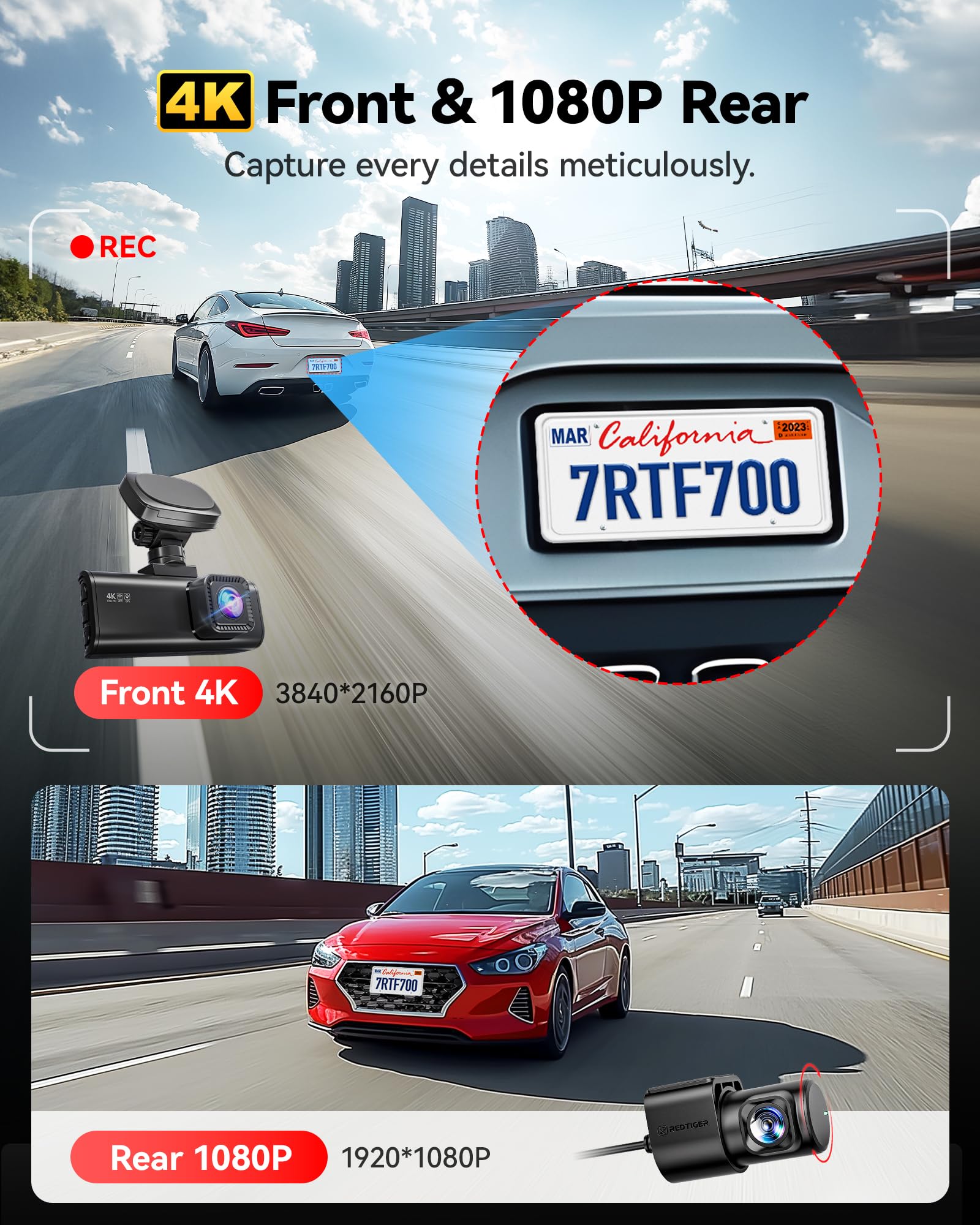 Redtiger 4K Dash Cam Front And Rear, Starvis 2 Sensor, 64Gb Card Included, 4K/2.5K+1080P Dual Dash Camera For Cars Built In Wifi