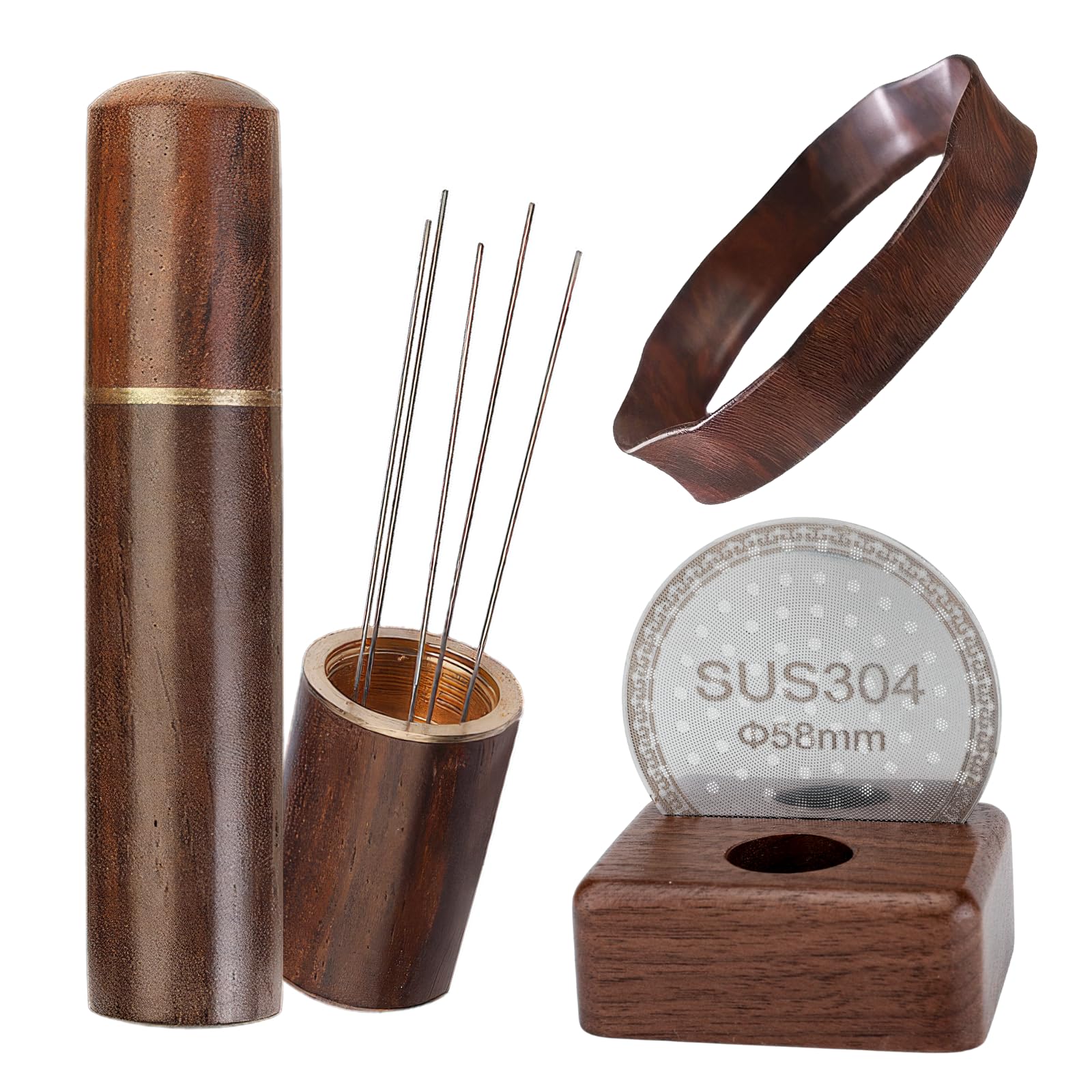 Wdt Tool Espresso Distribution Tools   5  0.4Mm Needles Espresso Stirrer, 58Mm Dosing Funnel And Puck Screen With Wooden Base |