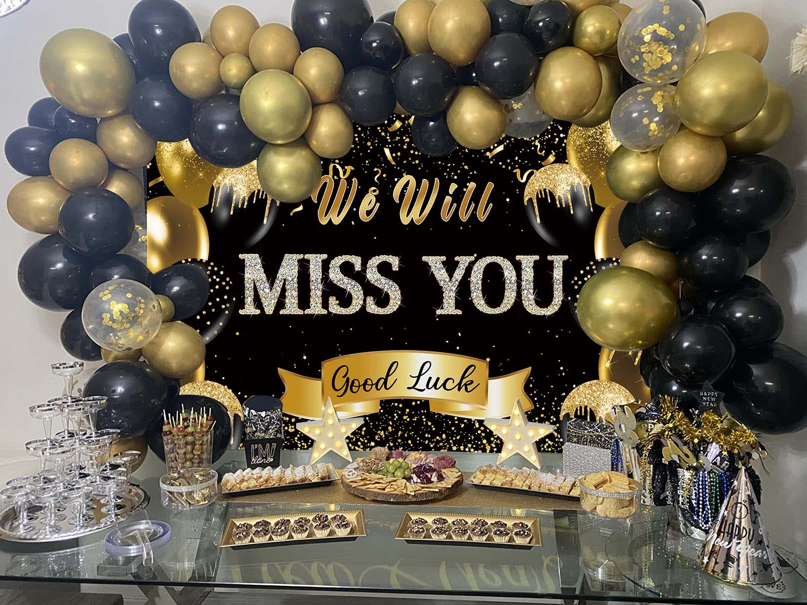 Retirement Farewell Party Backdrop We Will Miss You Black Gold Glitter Balloon Photography Background Goodbye Going Away Retirem