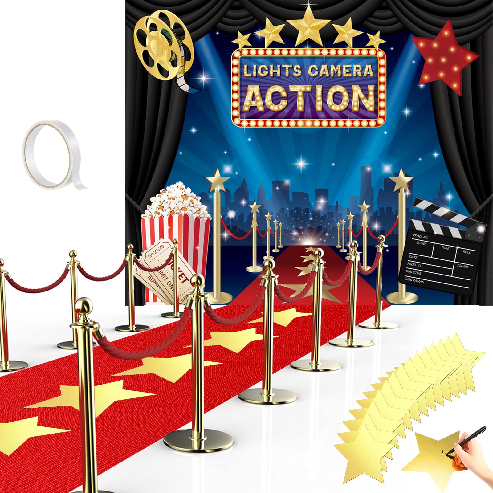Frienda 6 x 5 ft Movie Theme Photography Backdrop Red Carpet Party Decorations Red Runner 2.6 x 15 ft with Carpet Tape and 24 Pi
