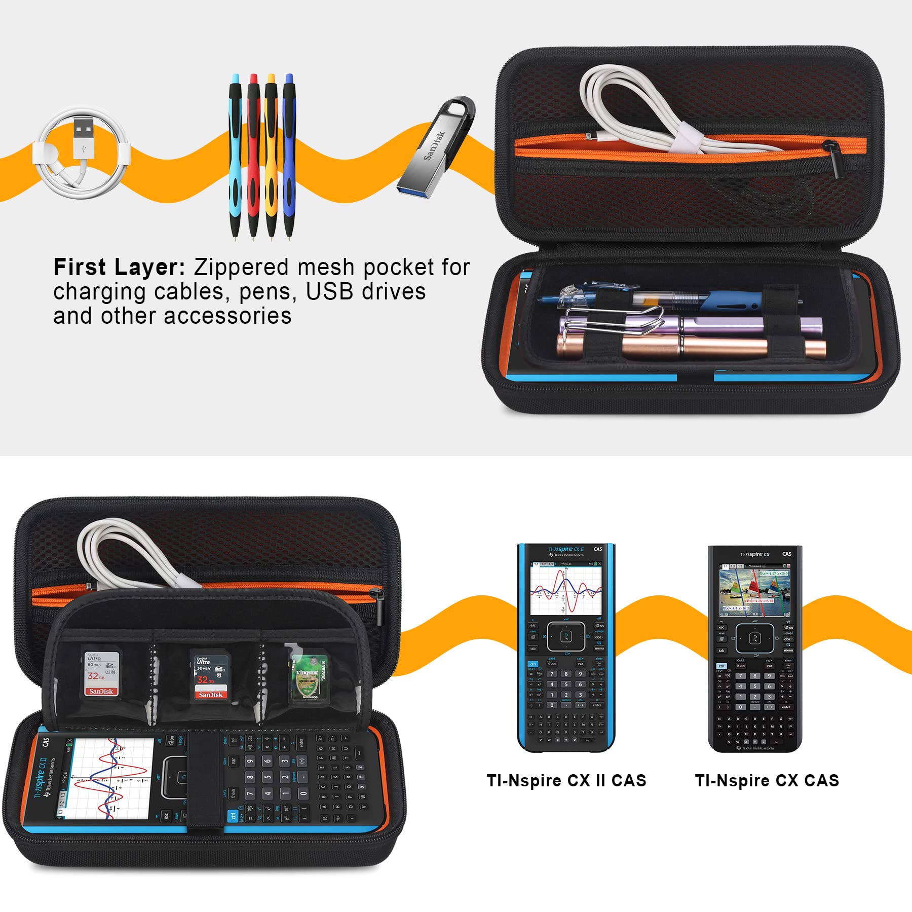 Elonbo Carrying Case For Texas Instruments Ti Nspire Cx Ii Cas/Cx Ii/Cx/Cx Cas Color Graphing Calculator, Extra Zipped Pocket Fits Charging Cable, Charger, Manual, Black