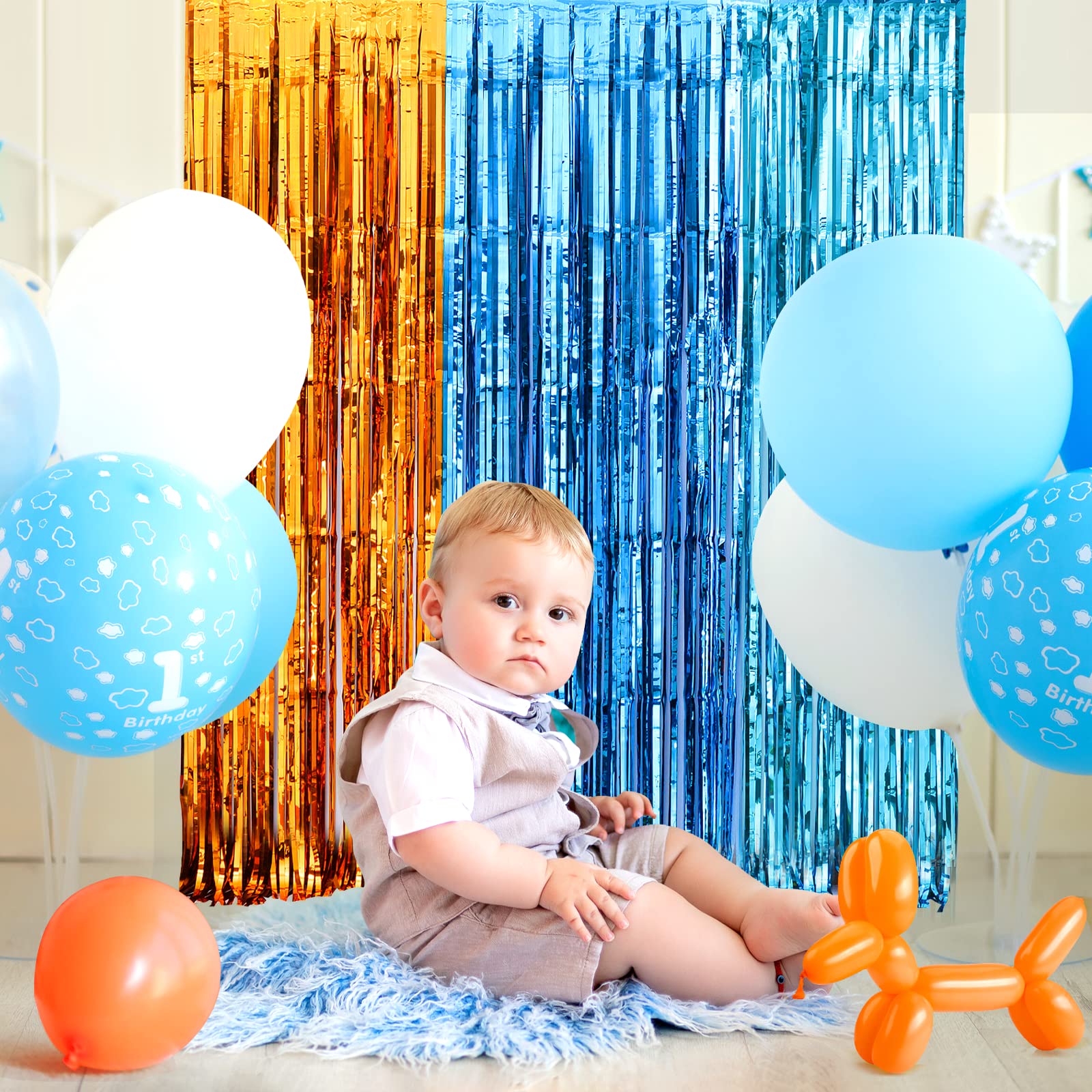 Lolstar Blue Dog Party Decorations,2 Packs Of 3.3X6.6 Ft Orange Blue And Light Blue Foil Fringe Curtains, Blue Dog Birthday Part