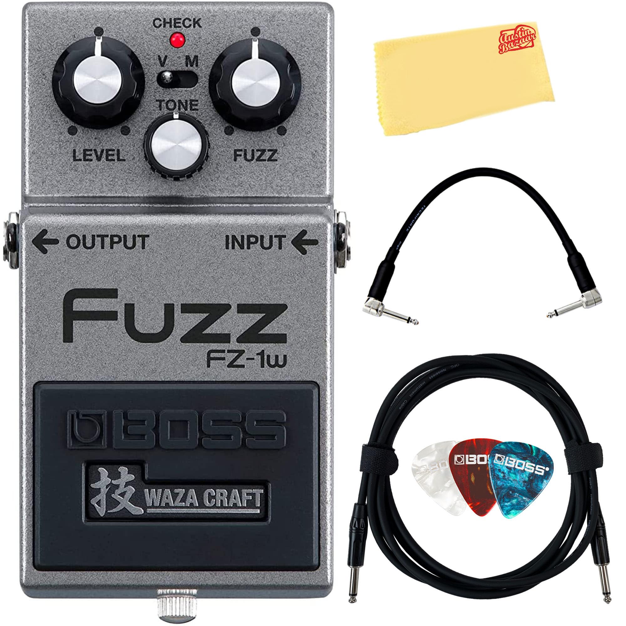 Boss Fz 1W Waza Craft Fuzz Bundle With Instrument Cable, Patch Cable, Picks, And Austin Bazaar Polishing Cloth