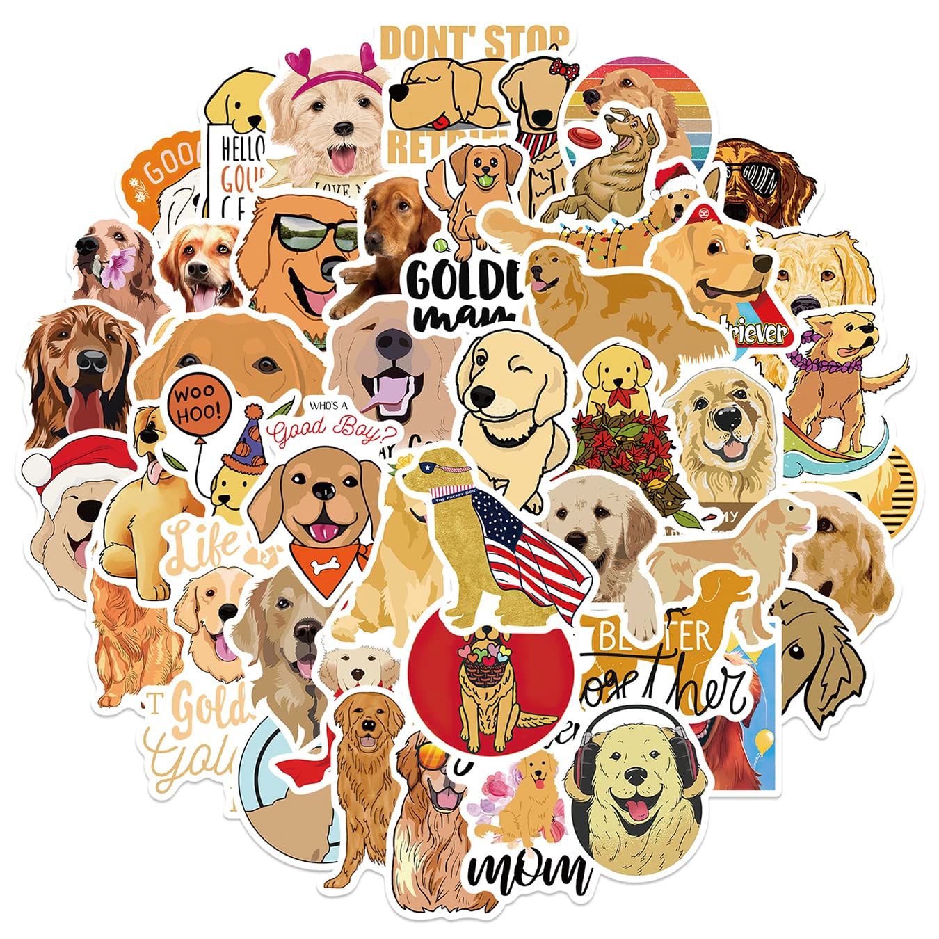 50Pcs Golden Retriever Stickers, Waterproof Vinyl Stickers Decals For Laptop Water Bottle Phone Luggage, Cute Cartoon Dog Sticke