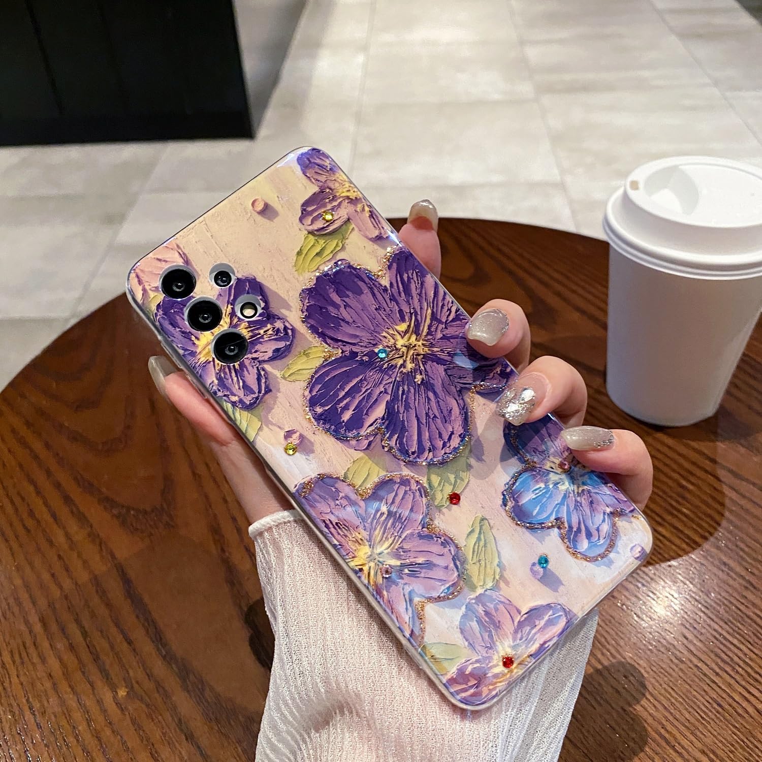 LeLeYun Case for Samsung Galaxy A32 5g, Retro Oil Painting Printed Flower Cute Pattern with Glitter Gem Phone Cover Durable TPU 