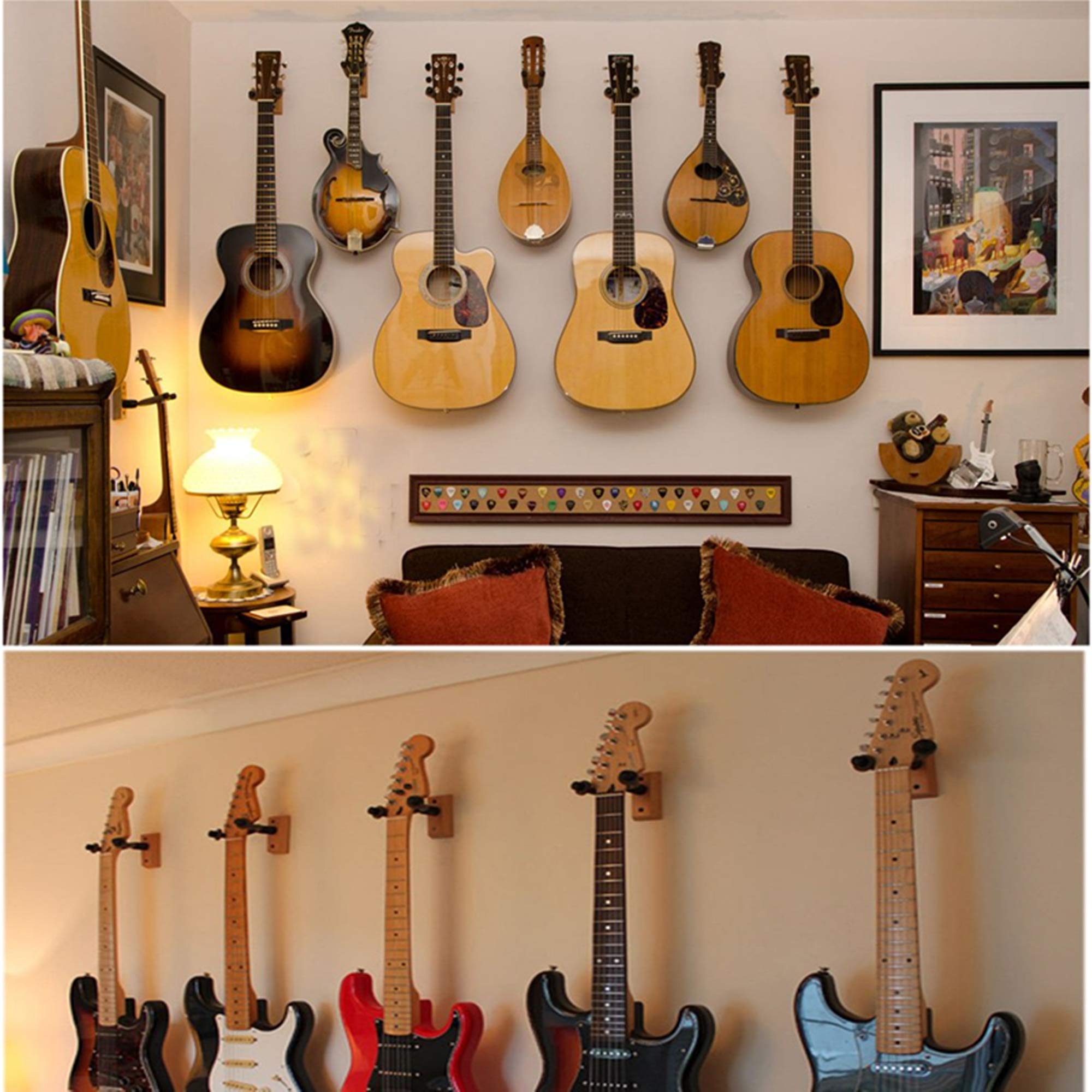 CC CAIHONG Guitar Wall Mount Hanger 6 Pack - Hardwood Hook Holder for Guitars, Bass, Ukulele - Easy to Install with Screws