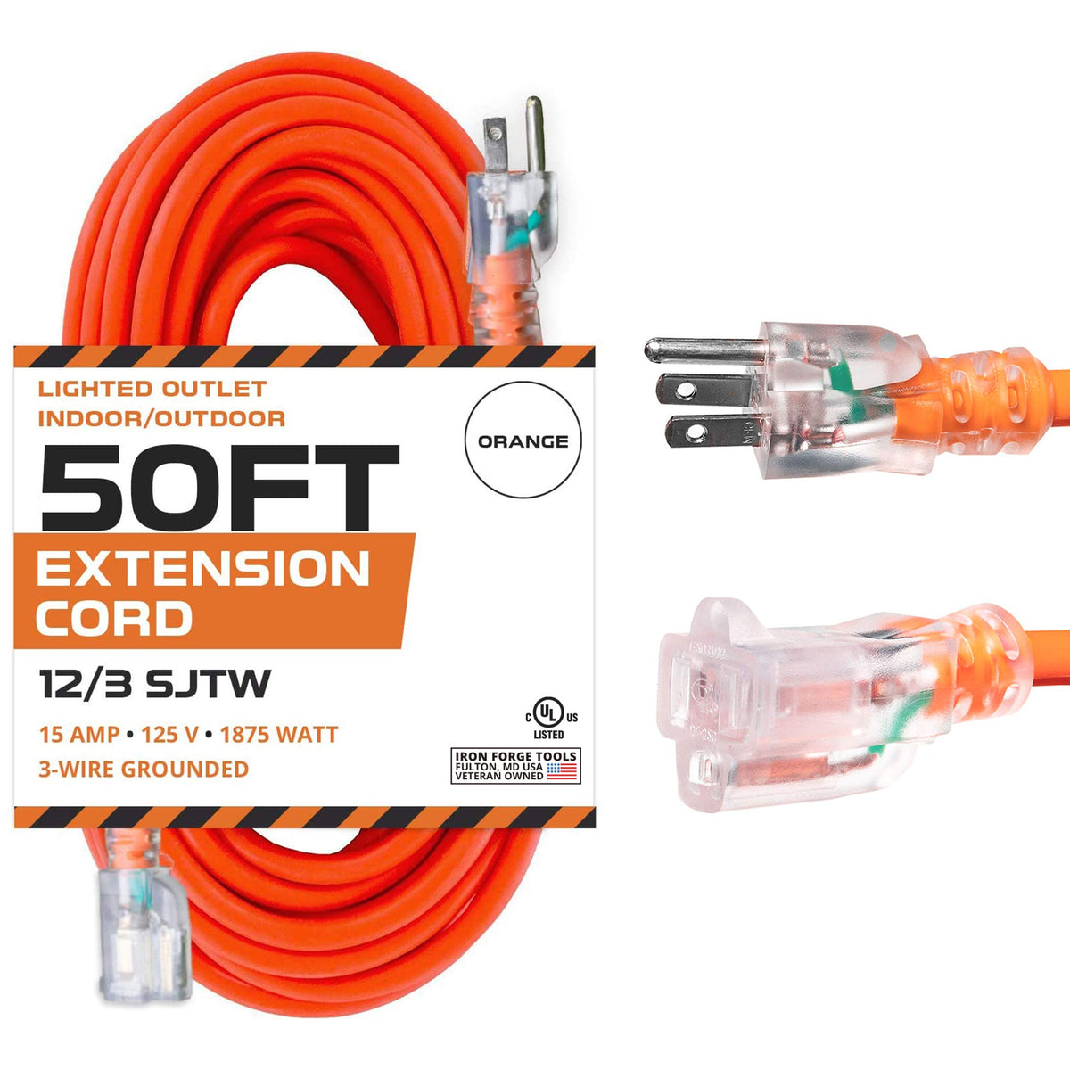 Iron Forge Cable 50 Ft Orange Extension Cord - 12/3 Sjtw Heavy Duty Lighted Outdoor Extension Cable With 3 Prong Grounded Plug F