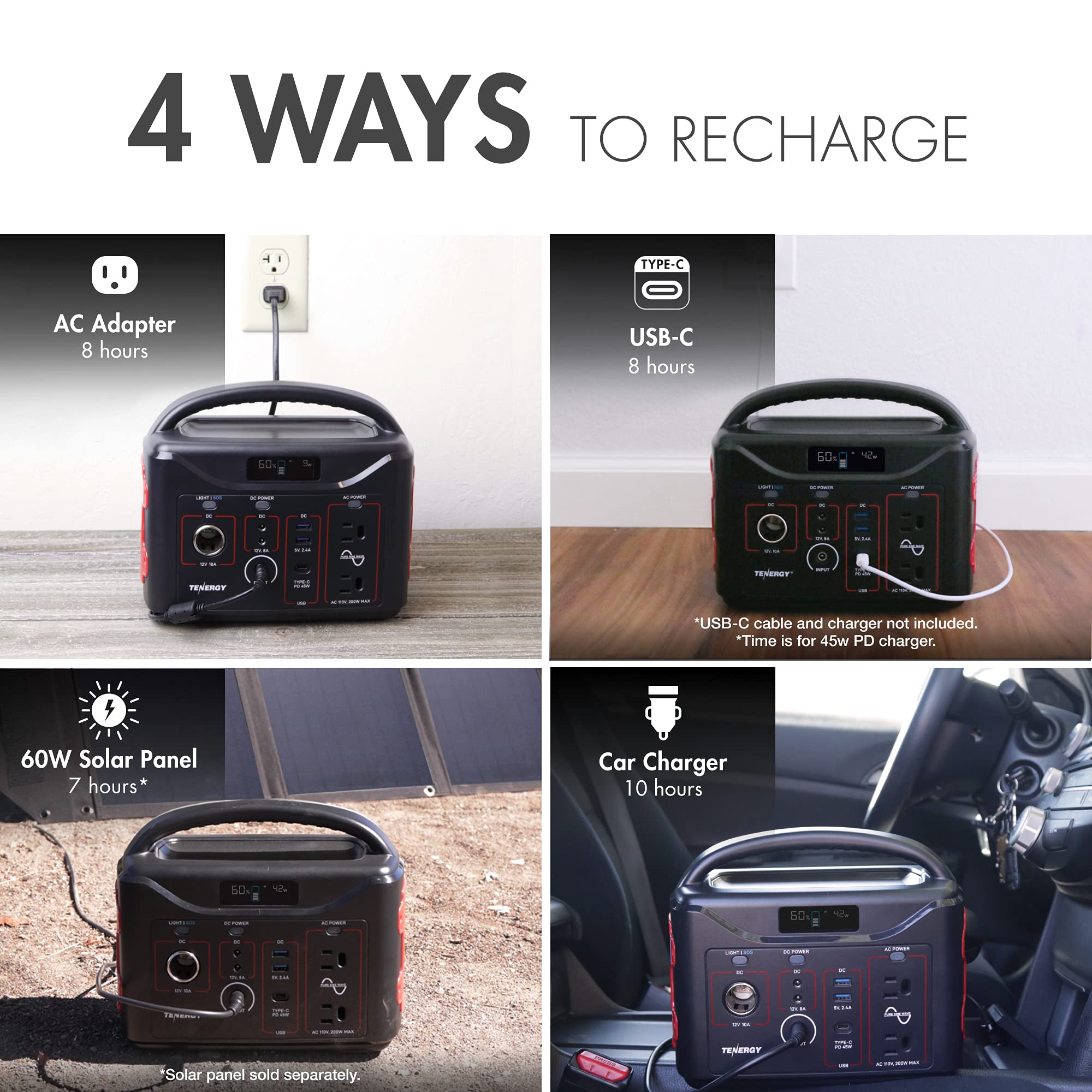 Tenergy T320 Portable Power Station, 300Wh Battery, 110V/200W (Surge 400W) Two Pure Sine Wave Ac Outputs, Usb Type C Pd 45W, Sol