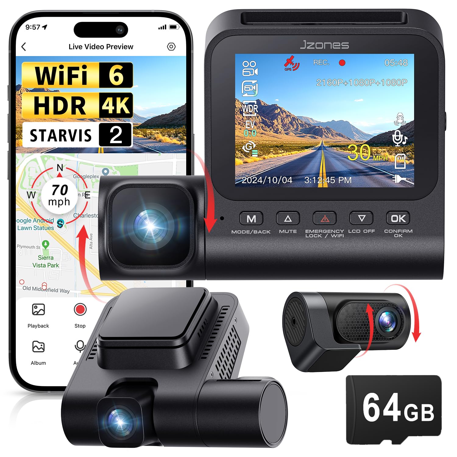 3 Channel 4K Dash Cam, Dash Camera For Cars With Starvis 2 Hdr Night Vision, 4K+1080P+1080P Front Inside And Rear Triple Car Cam