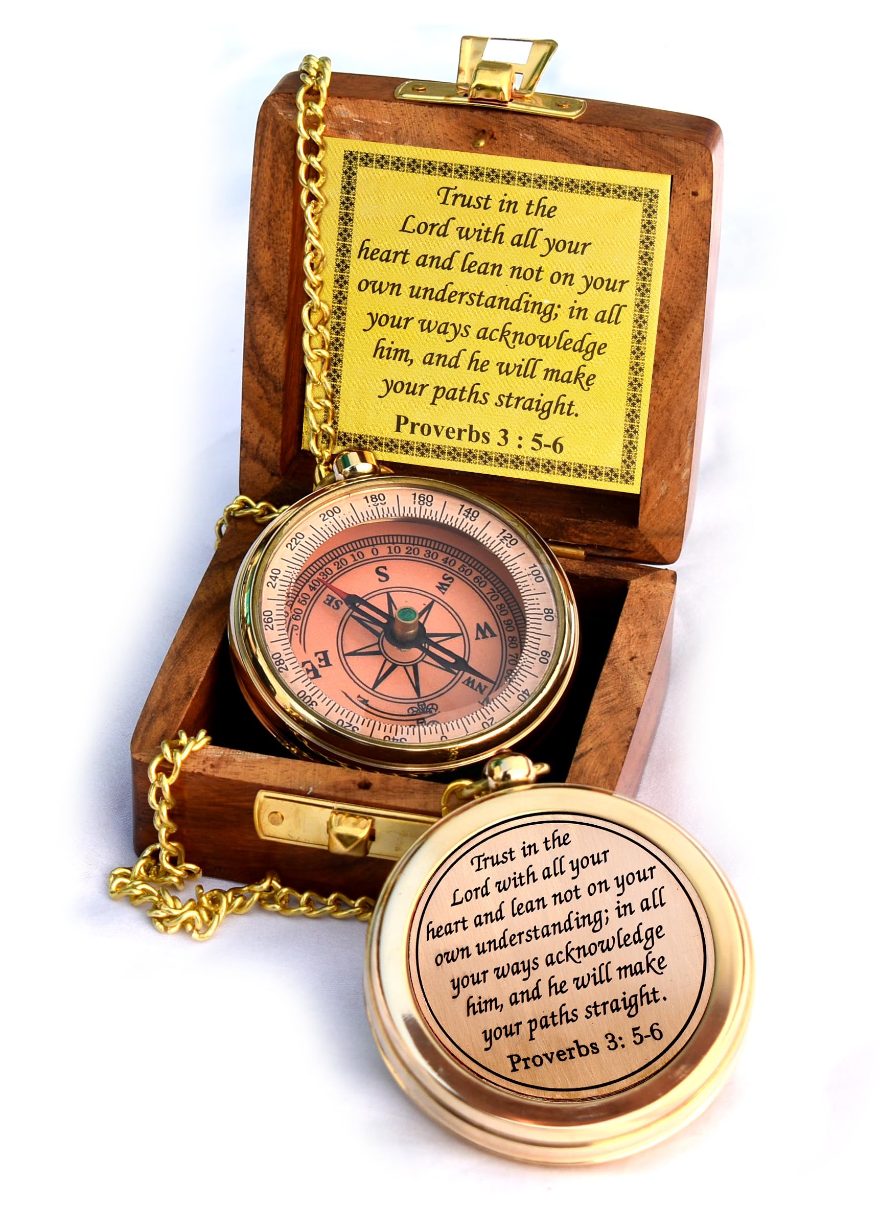 Trust In The Lord With All Your Heart  Proverbs 3: 5 6 Quote Engraved Compass With Wooden Box, Greeting Card, Gift Compass, Grad
