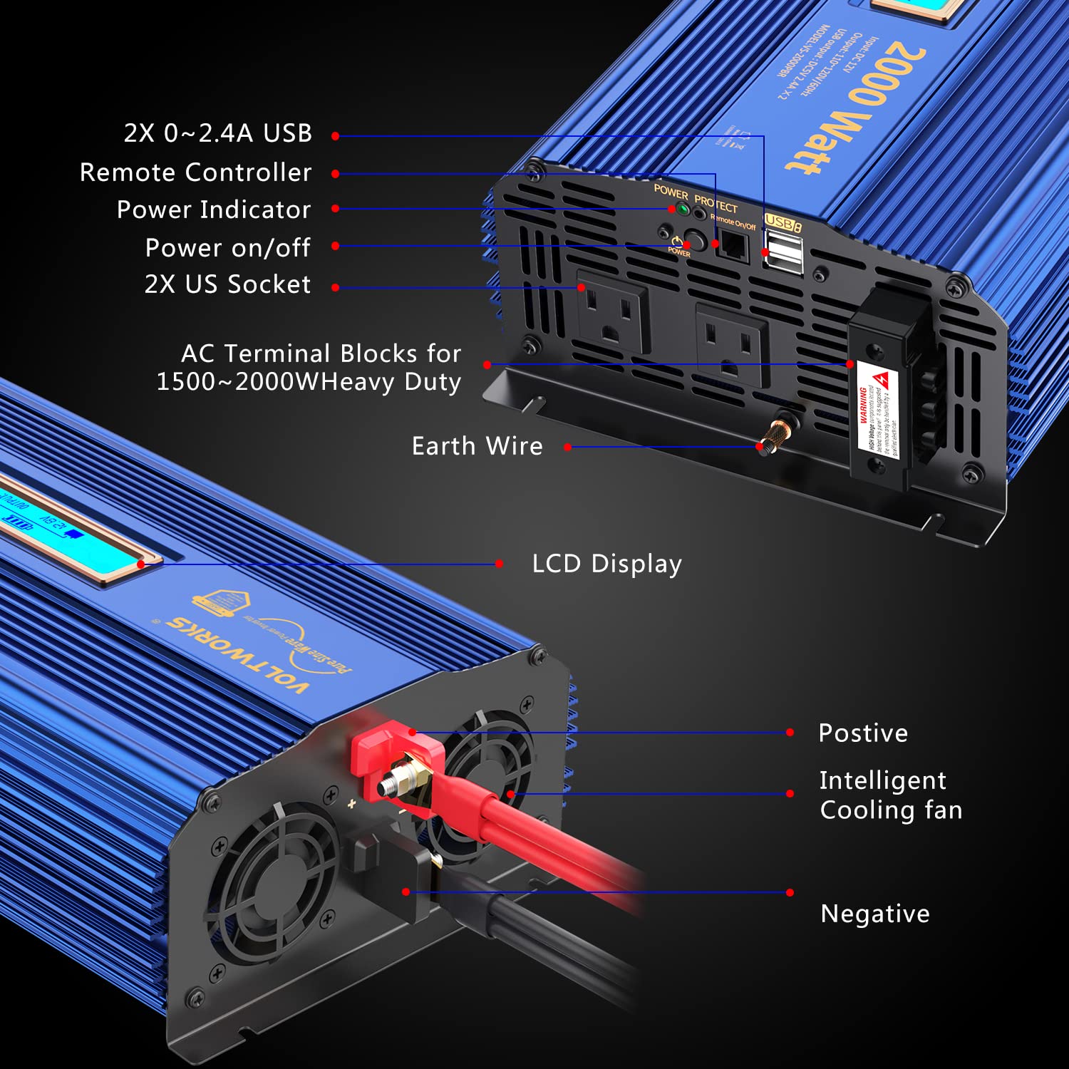 Pure Sine Wave 2000Watt Car Power Inverter Etl Ul458 Dc 12V To 120V Ac With Remote Control And Lcd Display 1 Ac Terminal Block 2