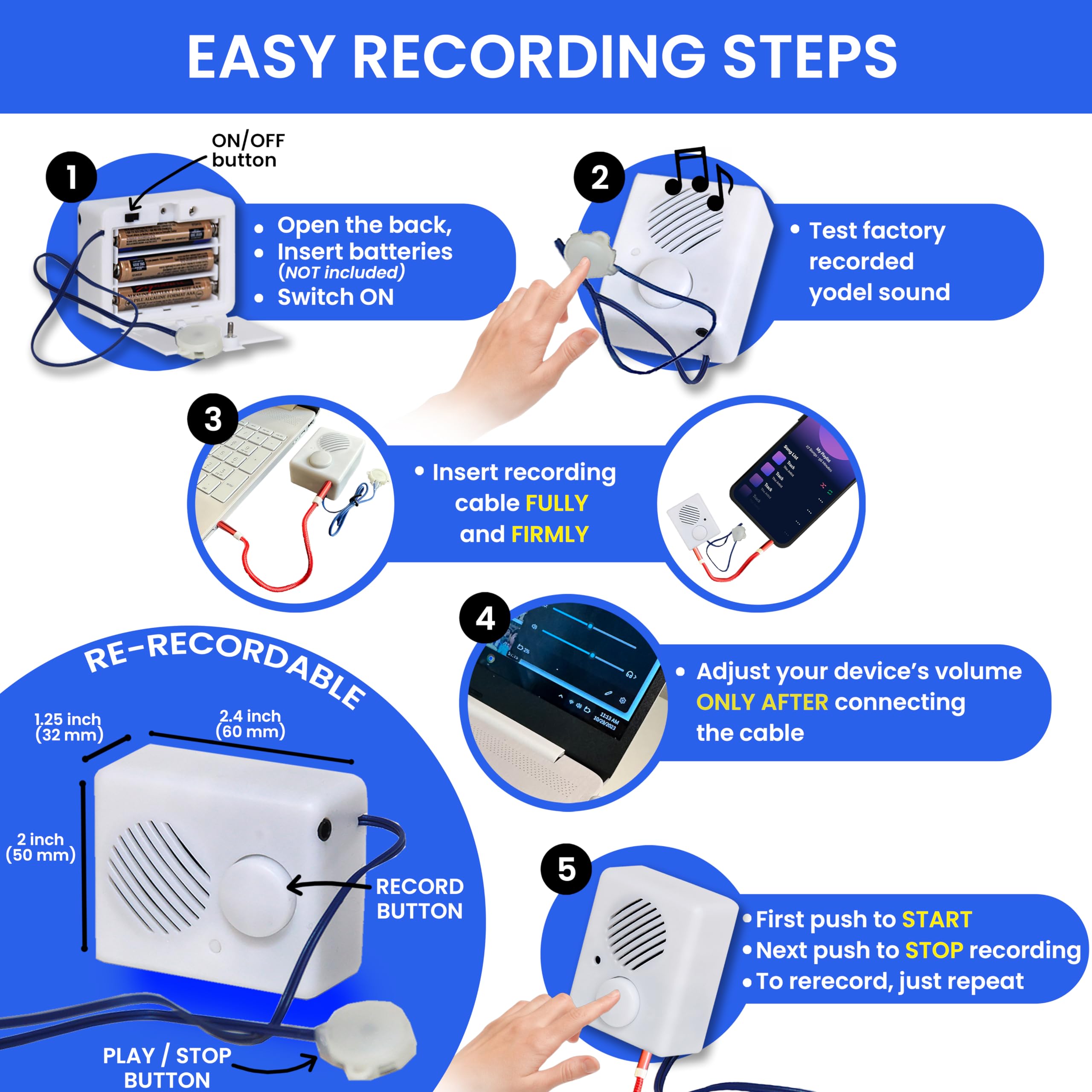 Ezsound Box - 10 Inch Extension Play Button For Stuffed Animals, Craft Projects, School Presentations, Hobbies, Personalized Ite